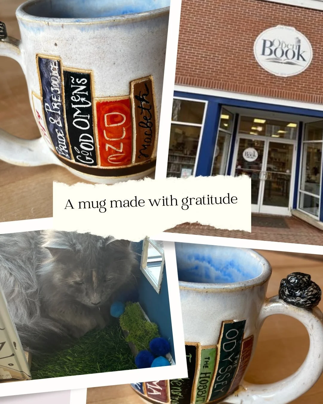 A mug made with gratitude:

On my brief walks before work, my route included a stroll down main street, a coffee from Goodness and Grace, and a pop into the bookstore to say hello to a cute grey kitty named Fable. I always tried to include a walk bef