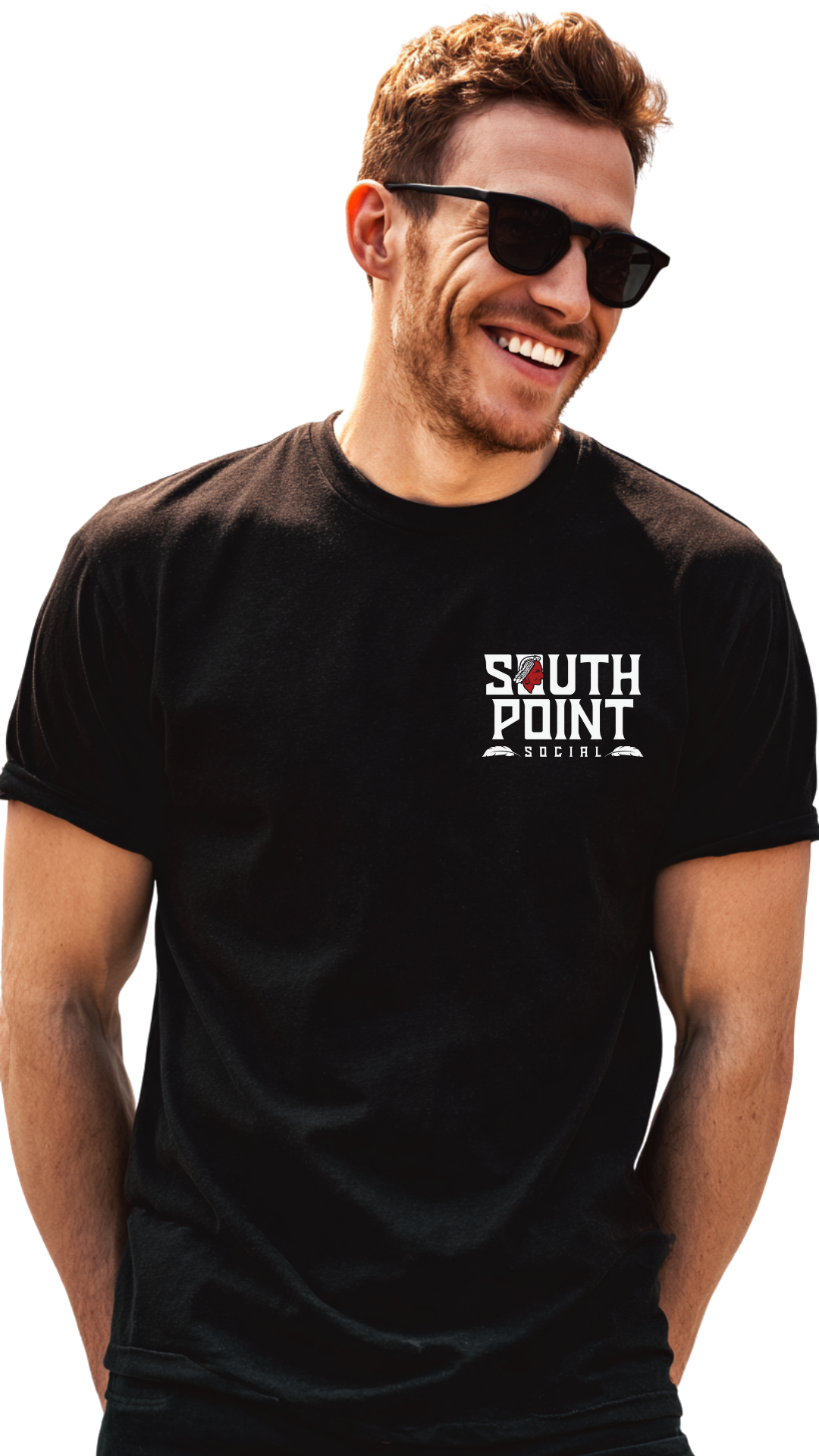 A smiling man wearing sunglasses and a black T-shirt with the words 'South Point Social' on it.