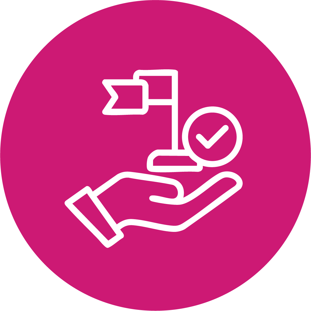 Icon of a hand holding a flag and a check mark in a pink circle.