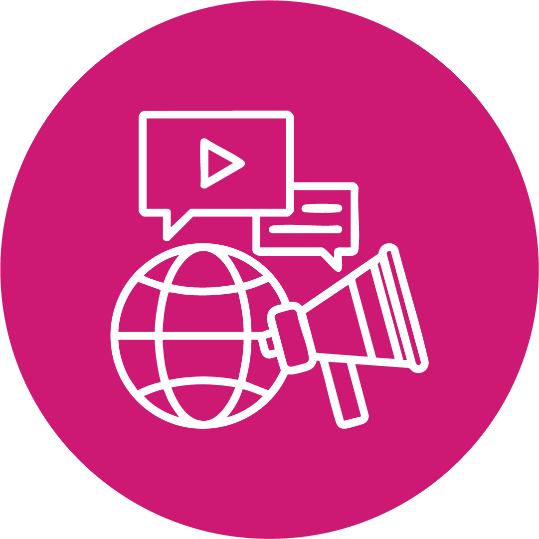 Icon depicting a globe, megaphone, and speech bubbles with a play button, symbolizing global communication and media.