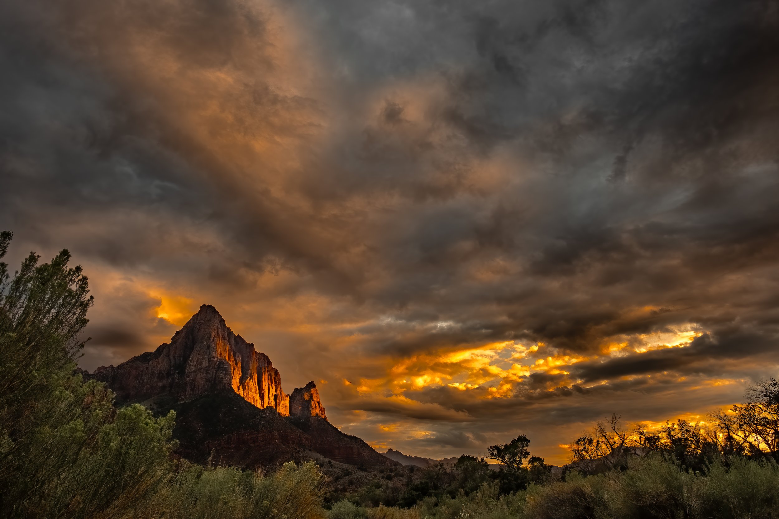 A stormy evening with last light shining on The Watchman.