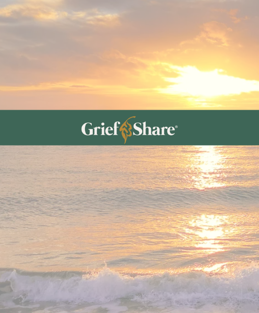 Sunset over the ocean with the Grief Share logo and text in the center.