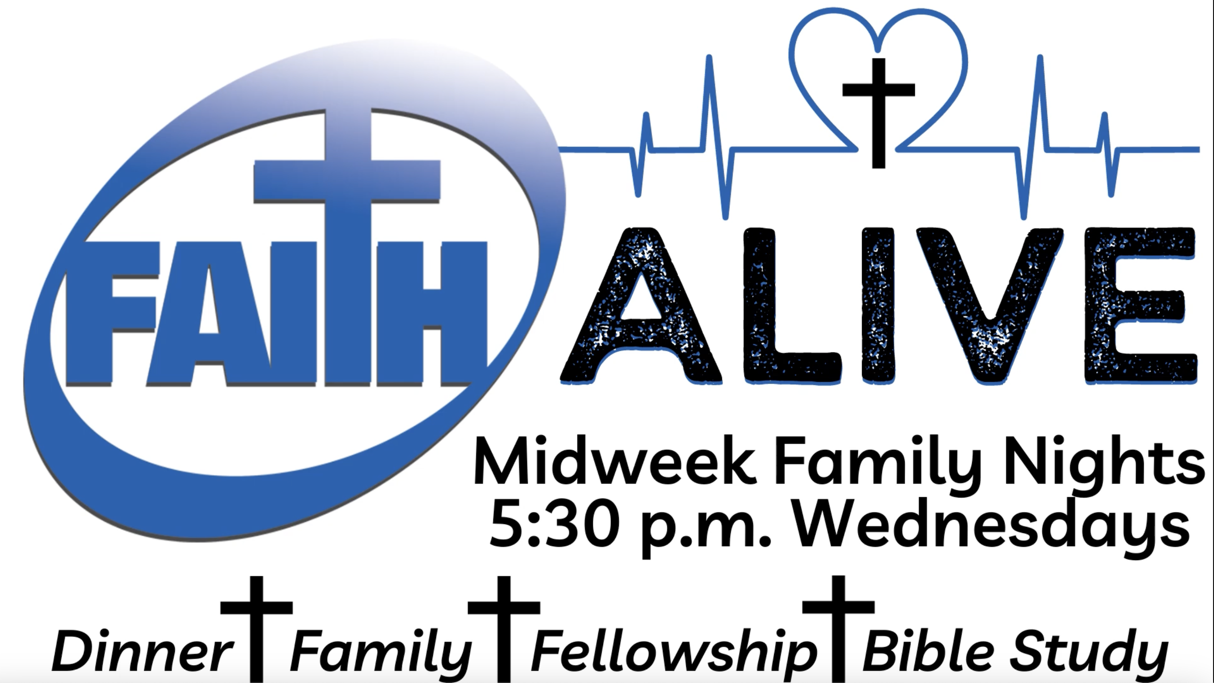 A promotional graphic for Faith Alive Midweek Family Nights featuring a heart with a cross inside, an electrocardiogram line, and religious symbols, with event details and activities listed.