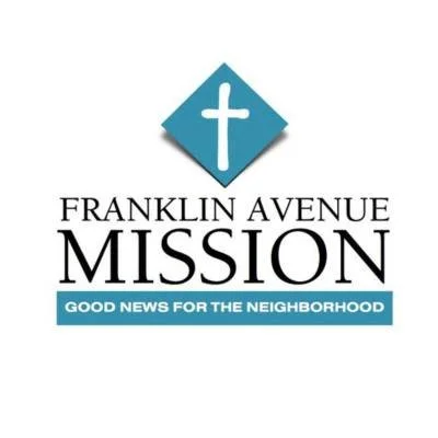 Logo for Franklin Avenue Mission featuring a white cross inside a blue diamond shape, with the text 'Franklin Avenue Mission' and a tagline 'Good news for the neighborhood'.