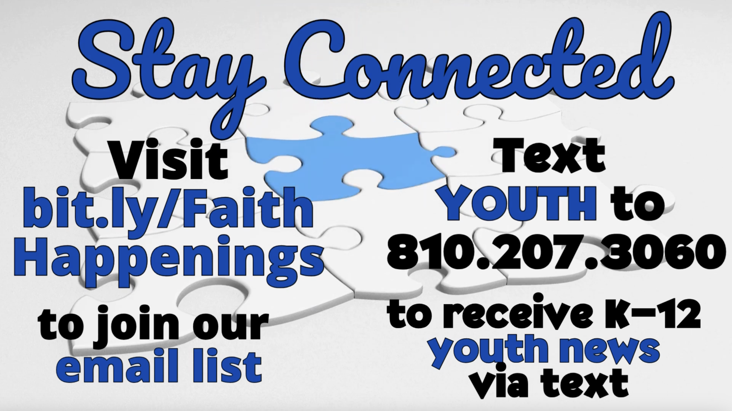 A puzzle piece graphic with text promoting staying connected through youth news. It includes a shortened URL, a phone number to receive updates via text, and mentions joining an email list.