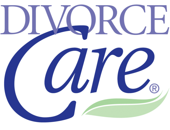 Logo for Divorce Care, with the words 'Divorce' in purple and 'Care' in blue, featuring a green leaf element underneath.