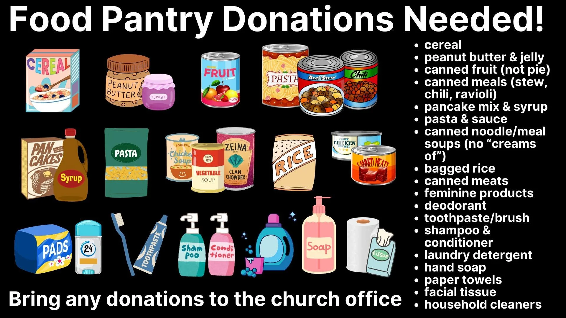 A flyer titled "Food Pantry Donations Needed!" showing various illustrated food and household items needed for donation, including cereal, peanut butter, jelly, canned fruit, canned meals, pancake mix, syrup, pasta, soup, rice, canned noodles, and soups, as well as household items like toothpaste, toothbrush, soap, tissue, paper towels, facial tissue, household cleaners, hand soap, laundry detergent, and feminine products. The flyer urges bringing donations to the church office.