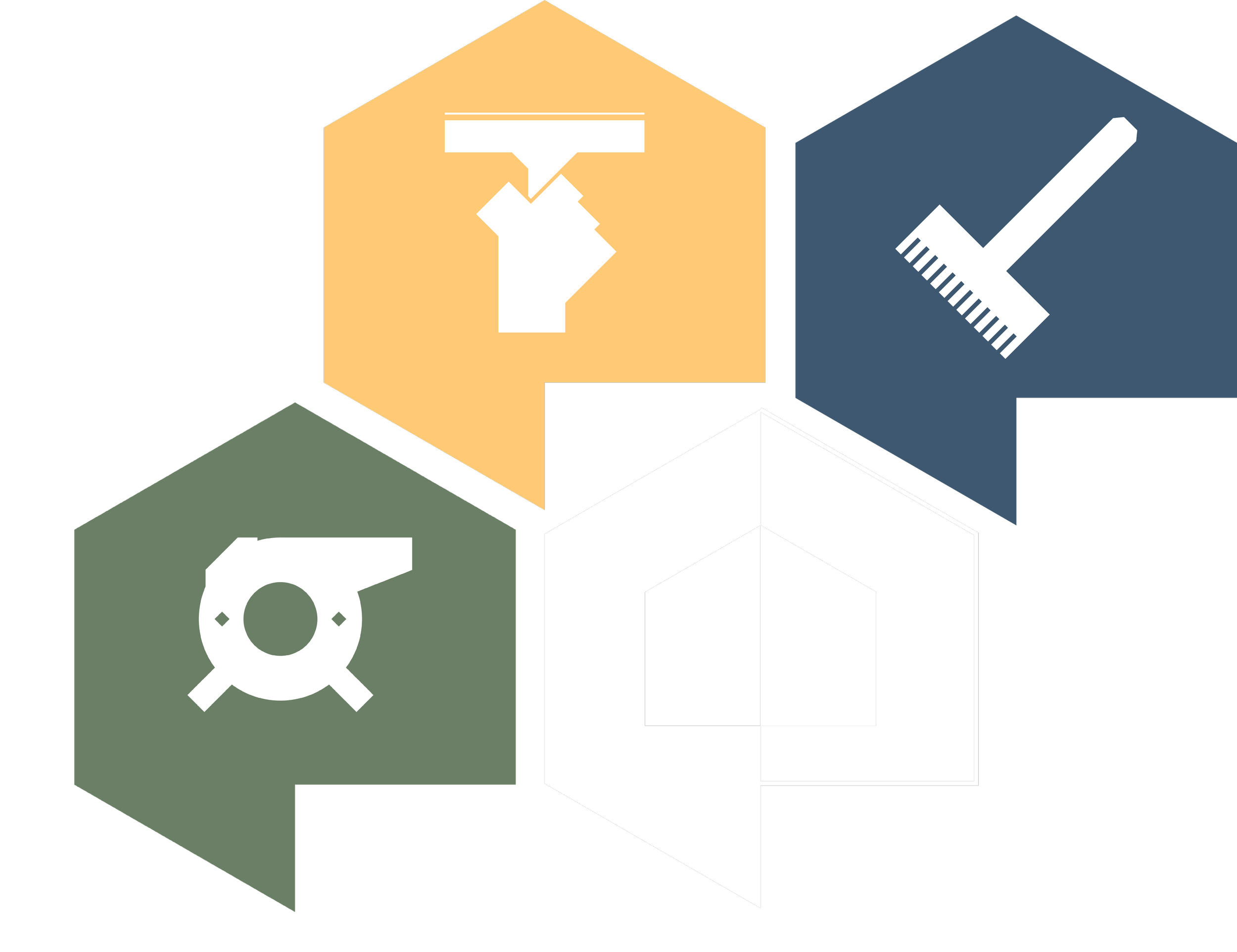 A diagram with four hexagonal icons arranged around a cube, each icon containing a different tool: a wrench, a paintbrush, a saw, and a measuring tape.