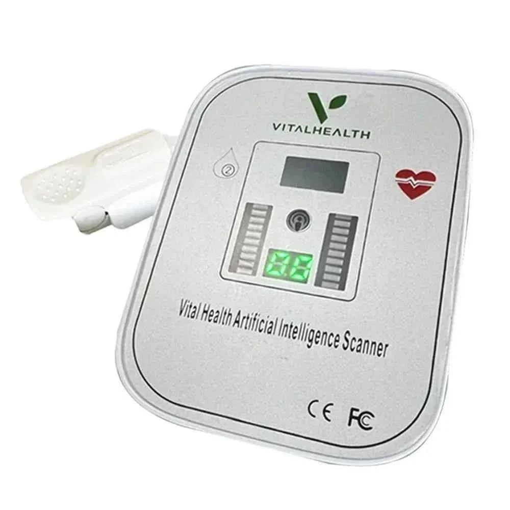 Vital health artificial intelligence scanner device with digital display showing the number 22, heart icon, and sensor attachment.