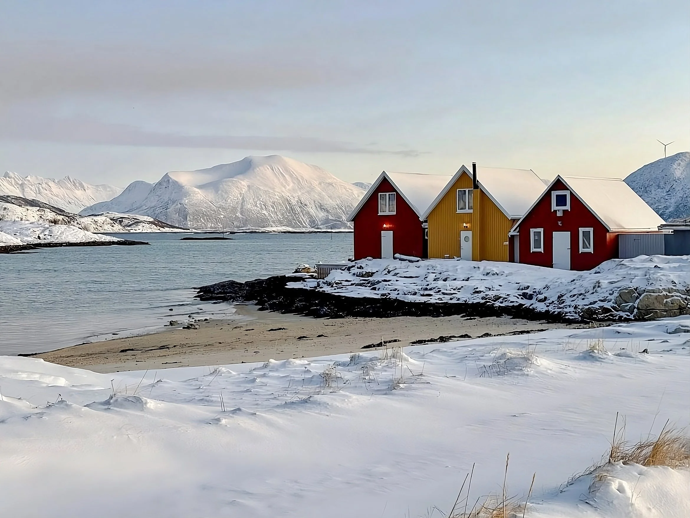 Snow-covered houses in red and yellow beside a calm bay, with mountainous terrain in the background during winter.