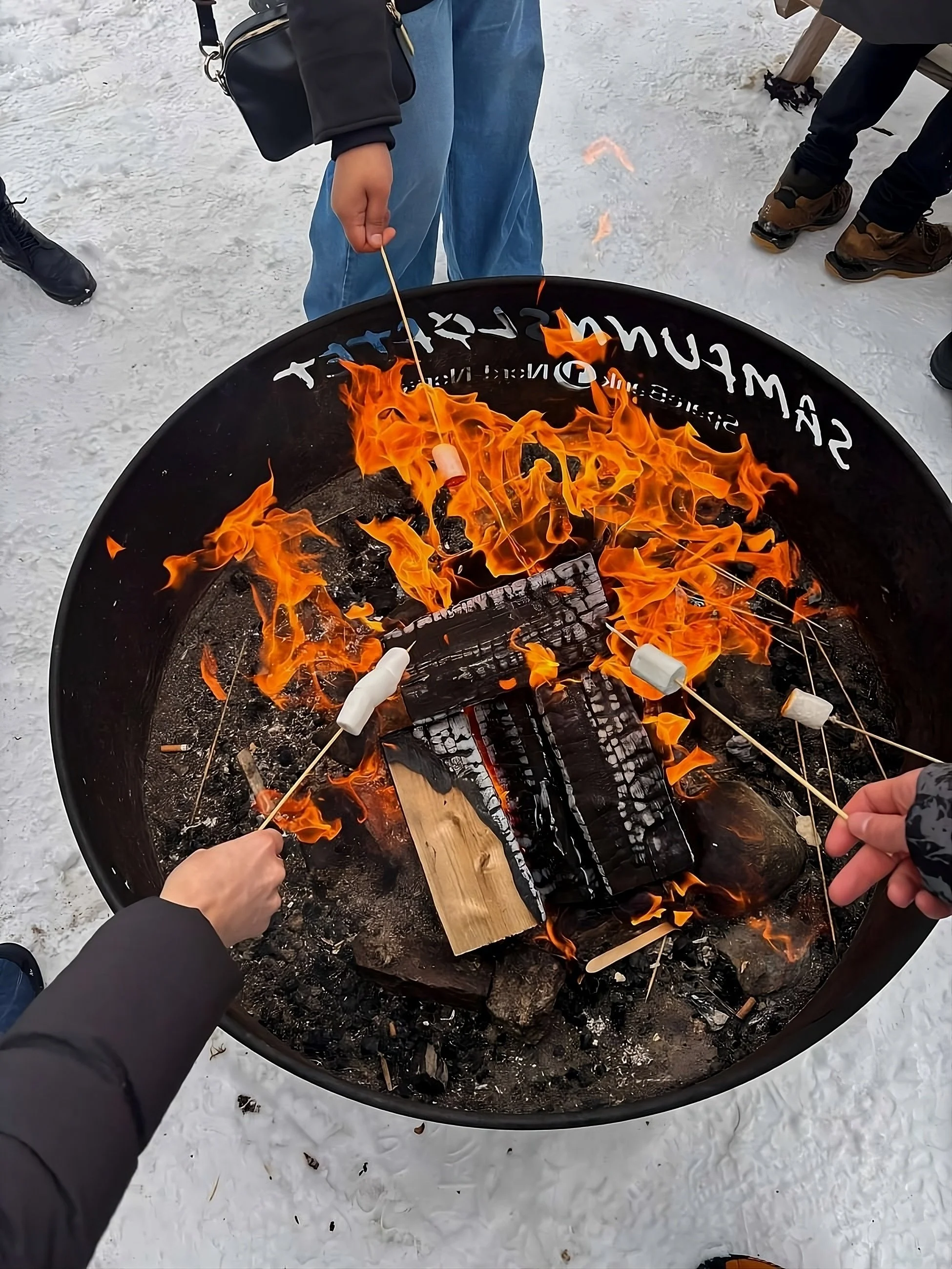 People roasting marshmallows over an outdoor fire pit in a snowy setting.