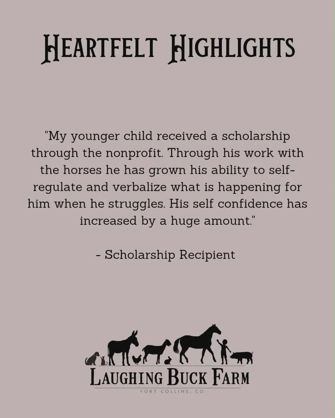 Our therapeutic sessions remind us how powerful the bond between horse and rider can be. Small breakthroughs in the arena often turn into big victories beyond it.

Please consider supporting Friends of Laughing Buck Farm nonprofit for Colorado Gives 