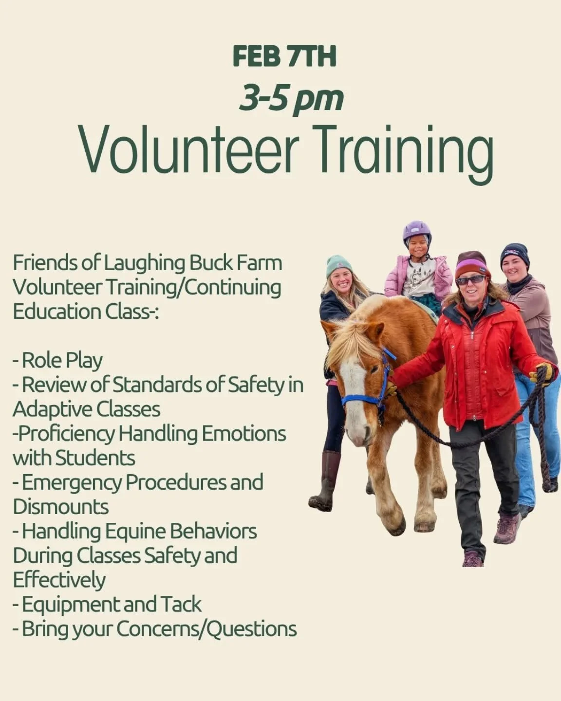 Interested in making a difference by volunteering in our Adaptive Riding Program at Friends of Laughing Buck Farm? 

We have a volunteer training coming up! 

If interested, please fill out our application form at : https://docs.google.com/forms/d/e/