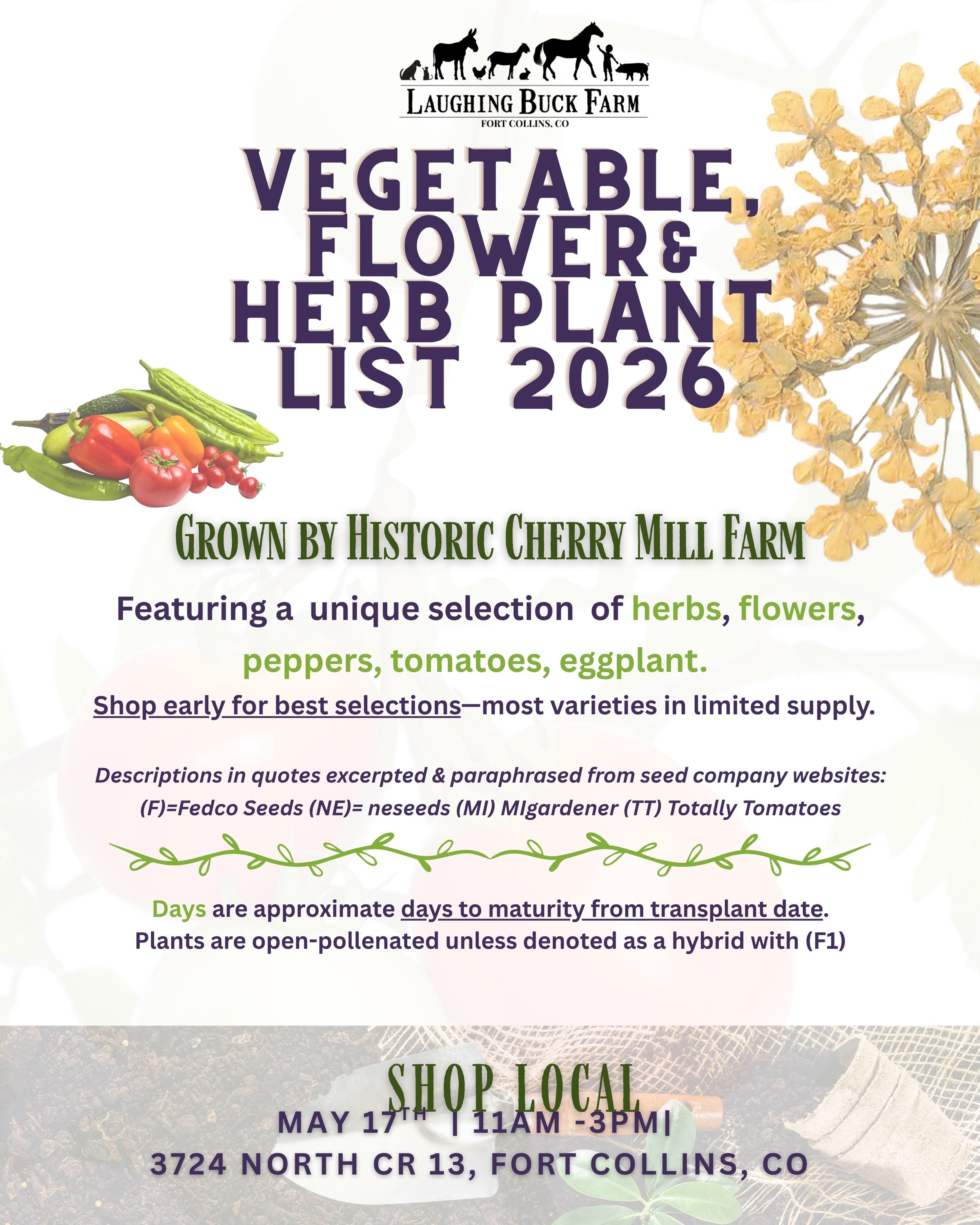 2026 plant list for our May 17 plant sale fundraiser. Thanks to our partnership with Cherry mill Farm, we have so many unique varieties. Come early for the best election.

And also:
 🍪Bake sale goodies
 🐥Petting zoo fun
 🐓Family-friendly activitie