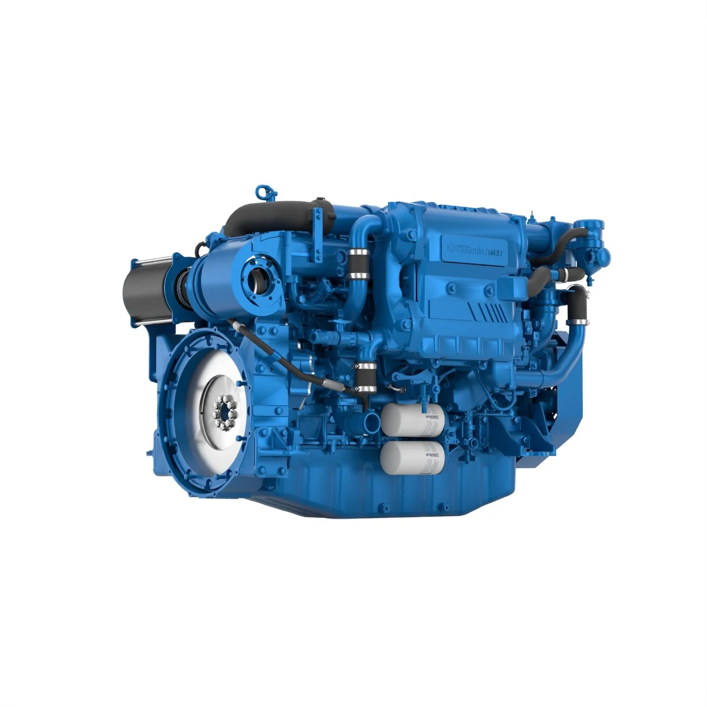 Blue industrial engine or generator with connected pipes and filters.