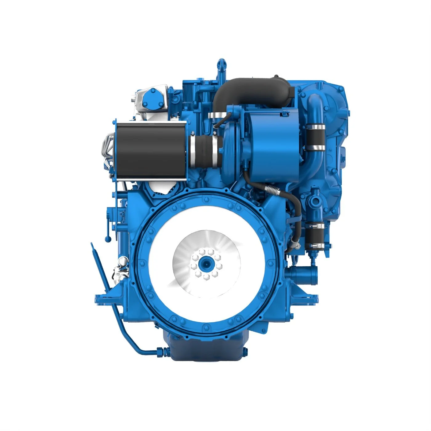 A blue engine viewed from the front against a white background.