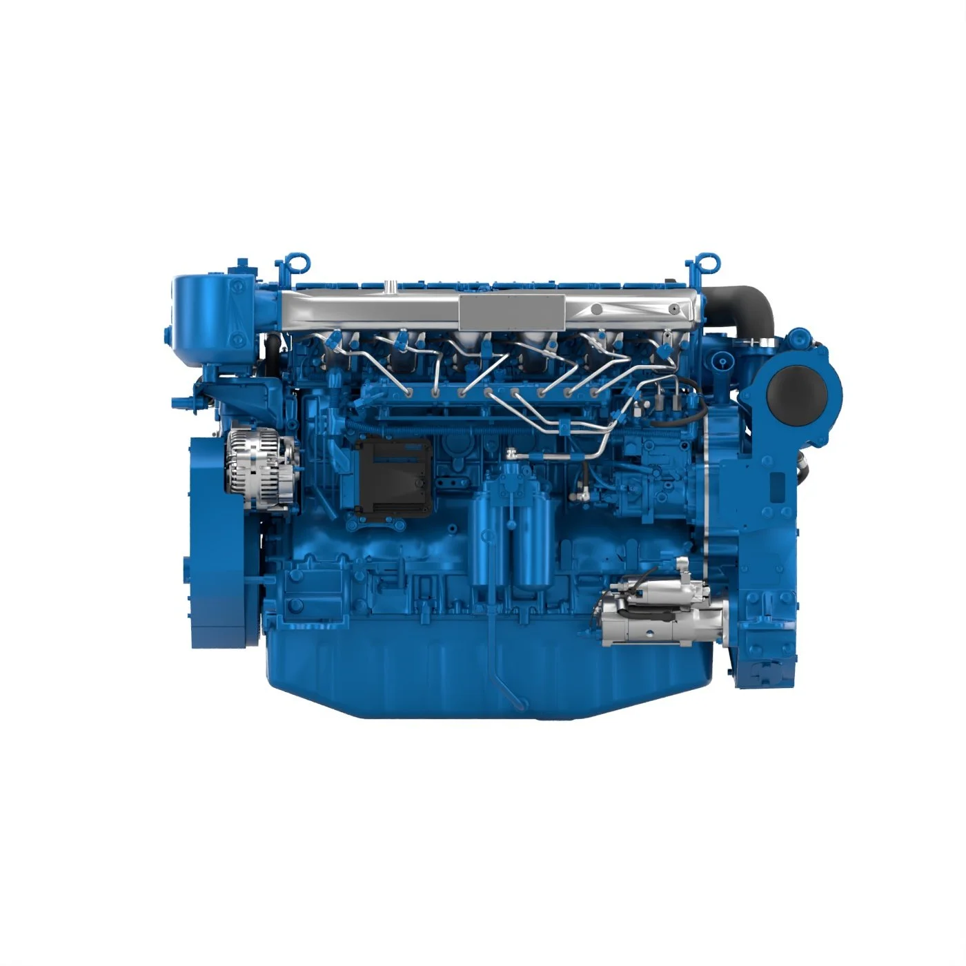 Blue industrial diesel engine with silver and black components isolated on white background.