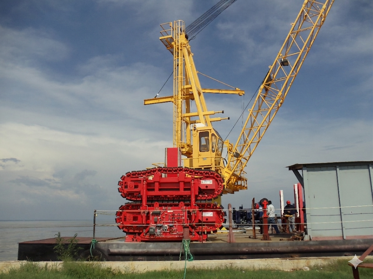 A yellow crane with a long boom and tracks at its base, positioned on a platform near a body of water. Several people wearing helmets stand nearby.