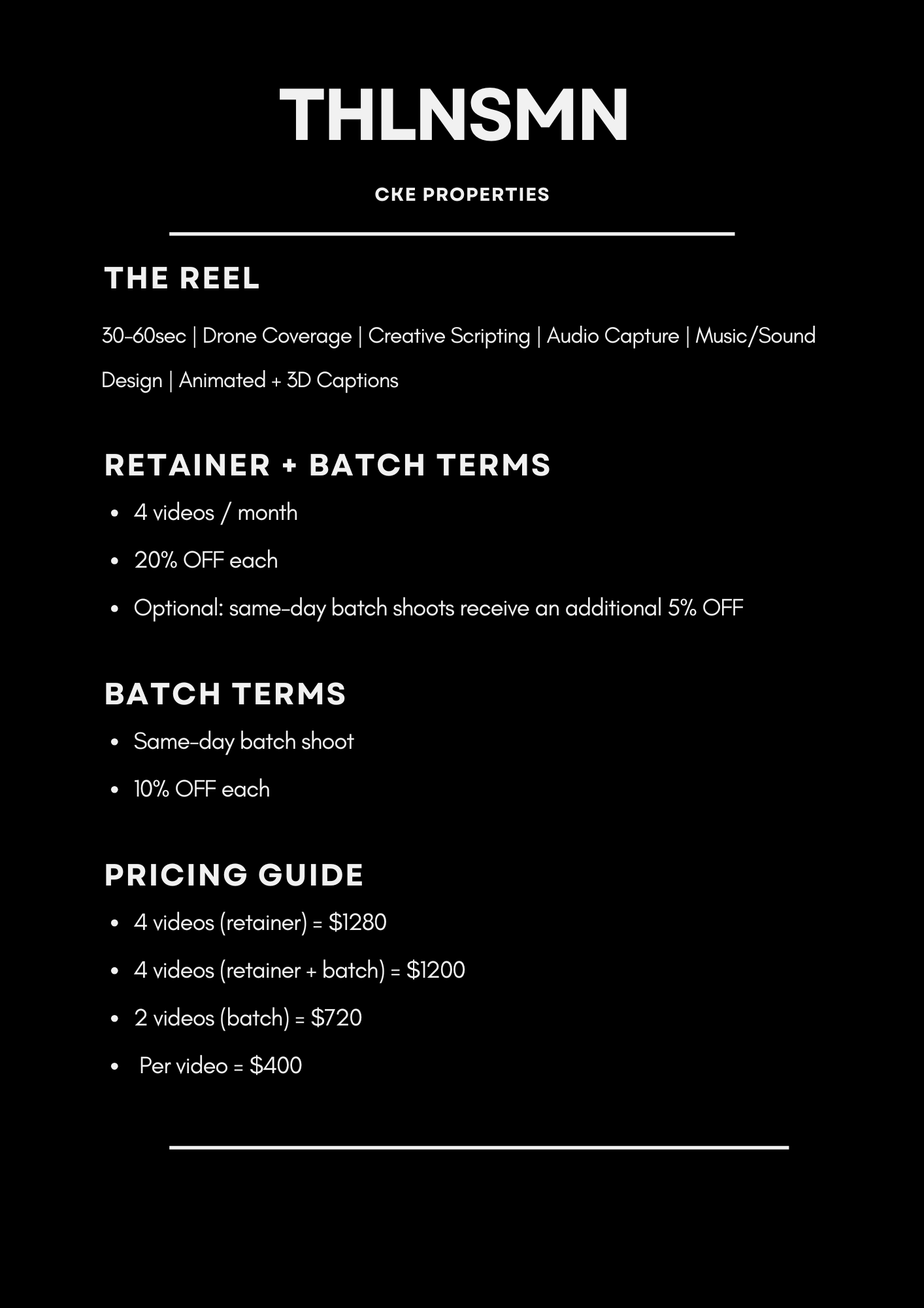 A black background promotional flyer with white text advertising video production services, including reel features, batch and retainer terms, and pricing details.