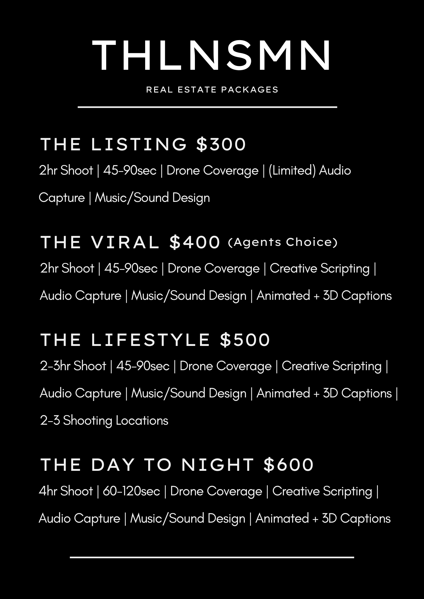 Pricing packages for real estate videography services including descriptions of different shooting durations and features.