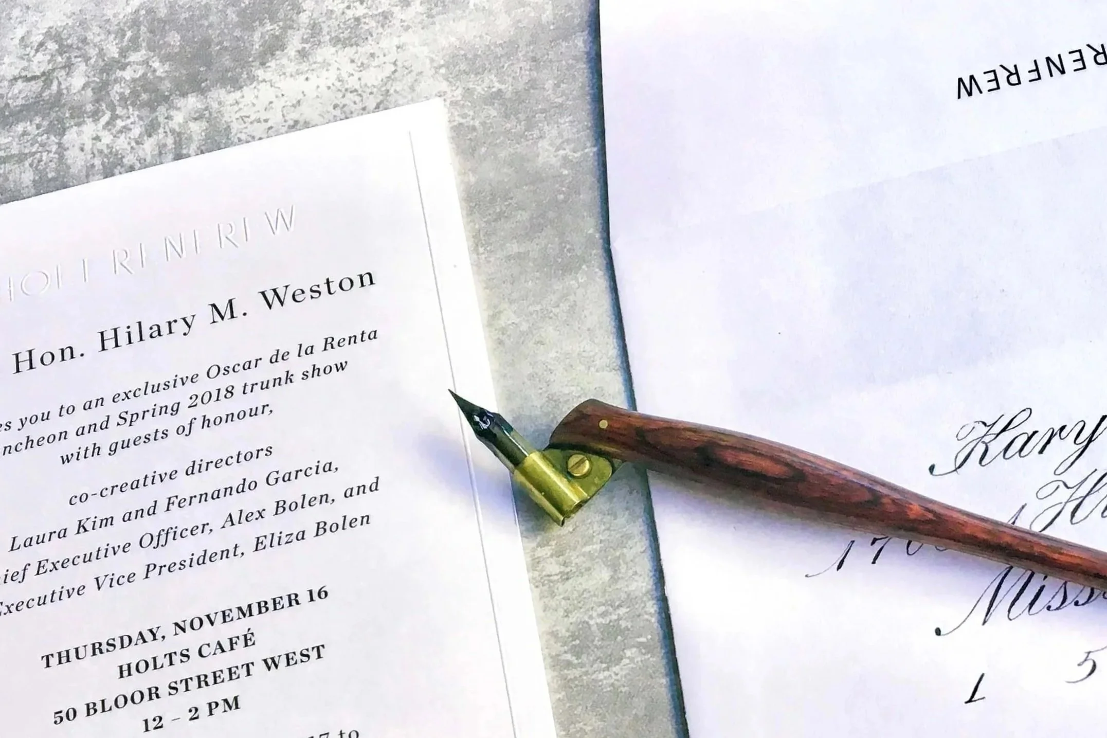 Invitation calligraphy in copperplate script with an oblique pen holder 