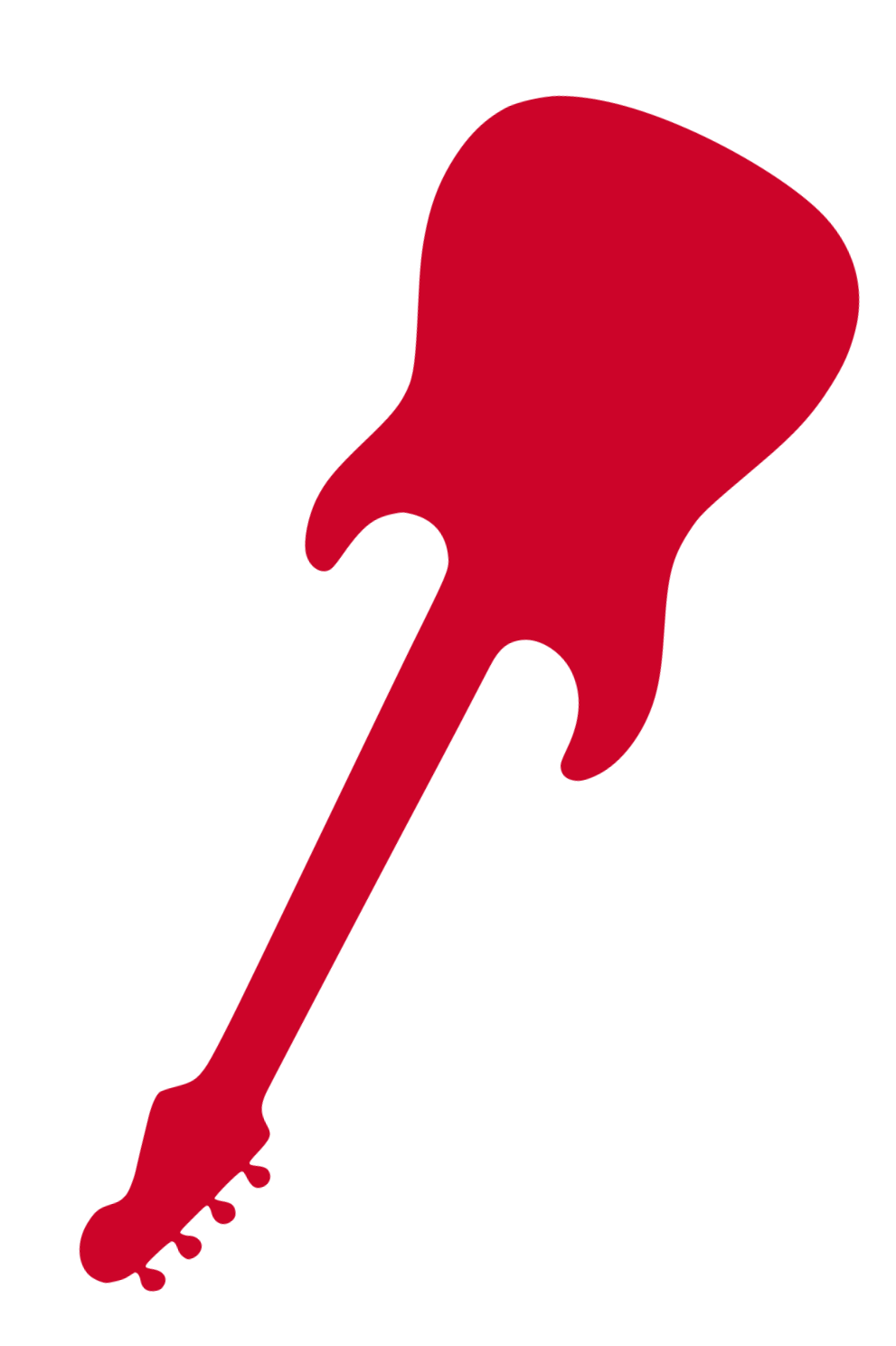 Rote Silhouette einer elektrischen E-Gitarre auf Kopf gedreht auf schwarzem Hintergrund.