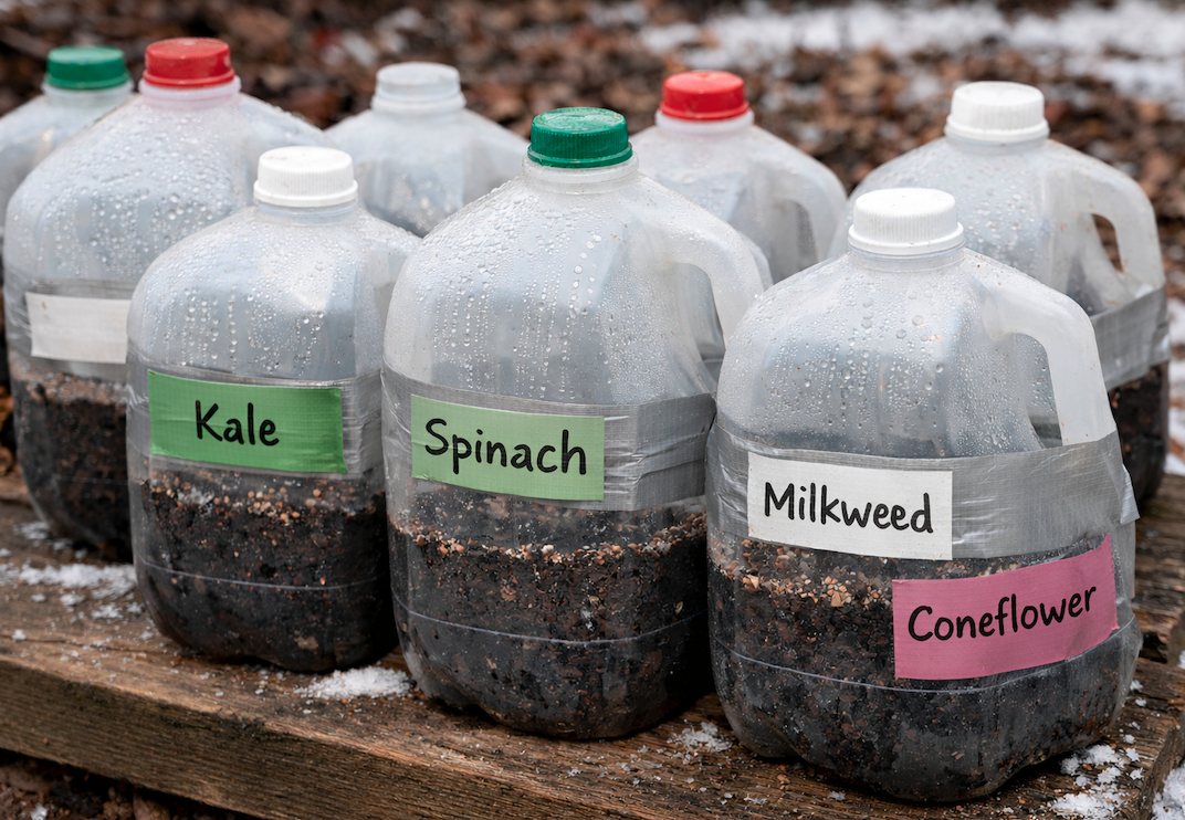 a photo showing milk jugs with labels of plant names outdoor in cold weather