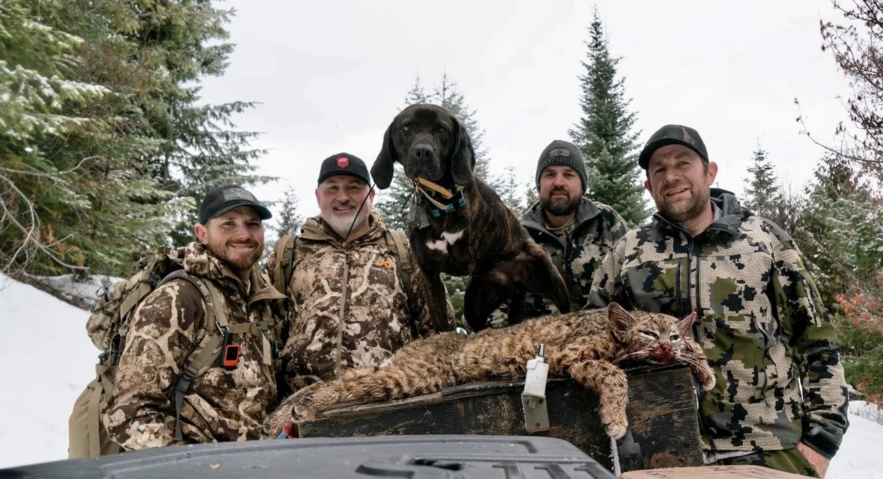 Four men in camouflage outdoor clothing, two with backpacks, pose outdoors with a dead mountain lion and a hunting dog holding a piece of game in its mouth, surrounded by snow and evergreen trees.