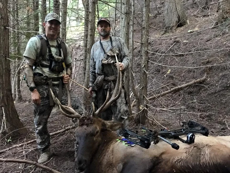 Two hunters stand beside a large, freshly killed deer with antlers in a forested area, with hunting gear and bows.