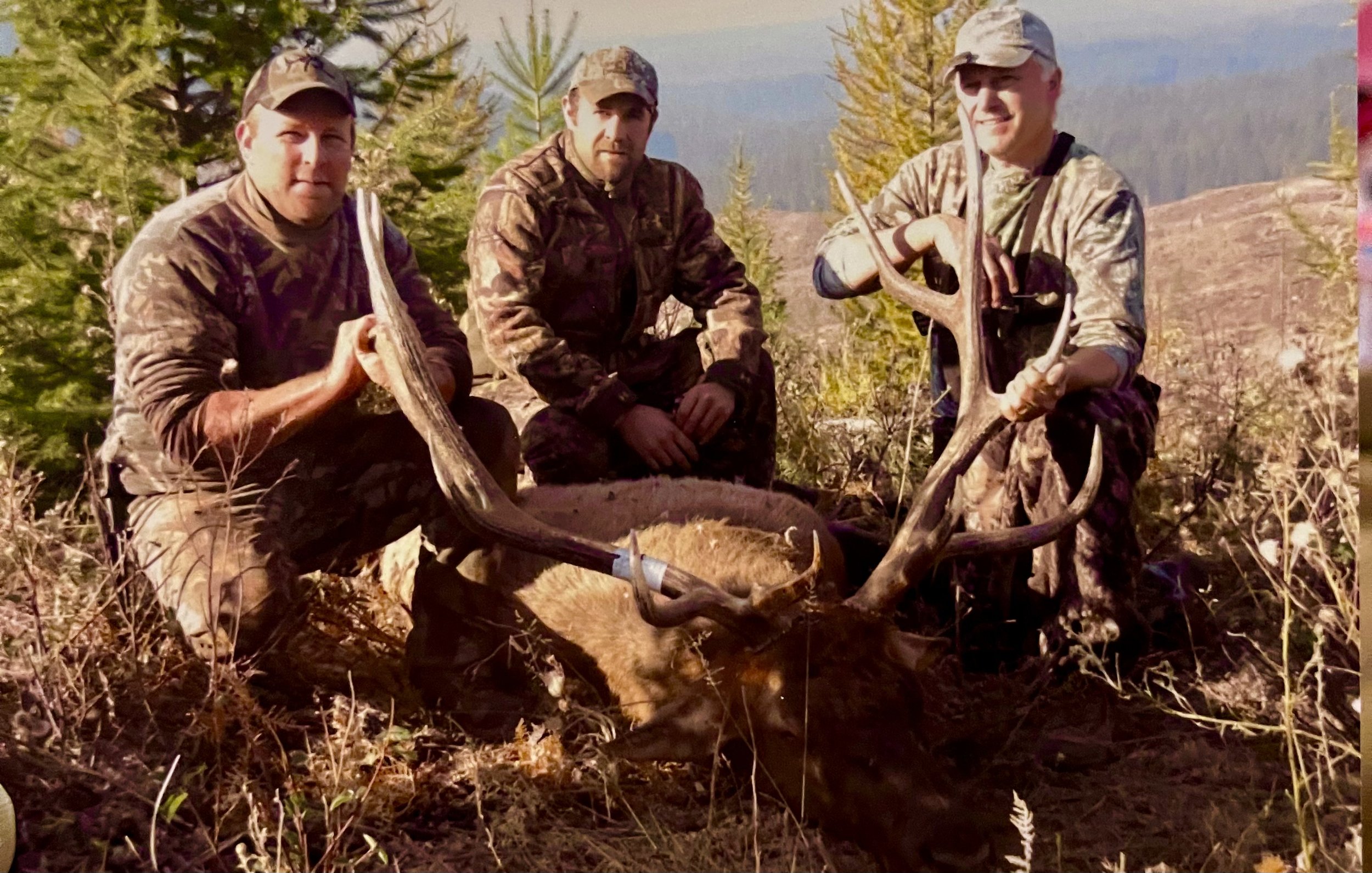 Three hunters dressed in camouflage clothing kneeling in a forest, posing with a large elk they have hunted, with one hunter holding the elk's antlers.