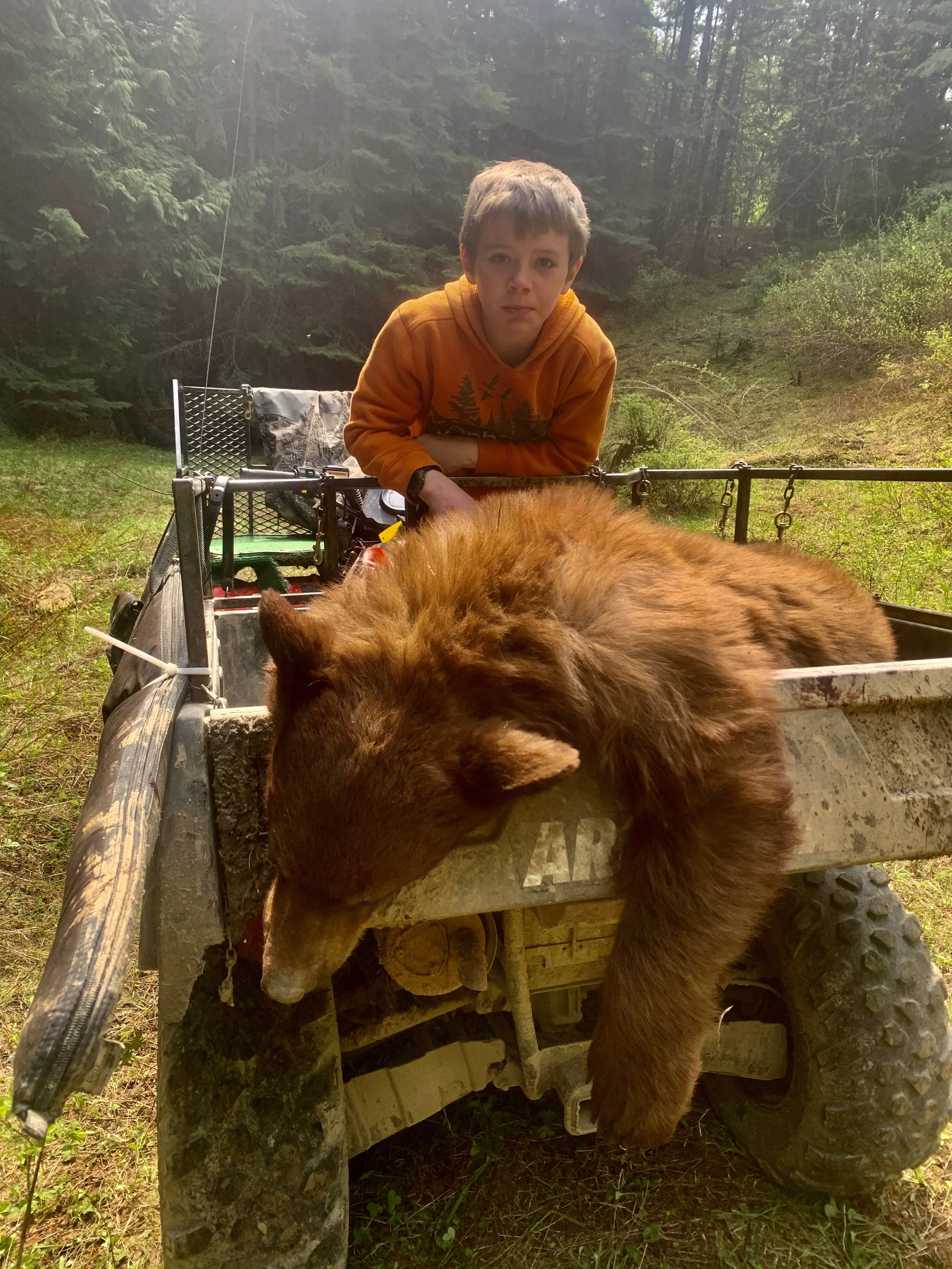A boy leaning on a motorized vehicle with a large brown bear lying on its side in a wooded area.