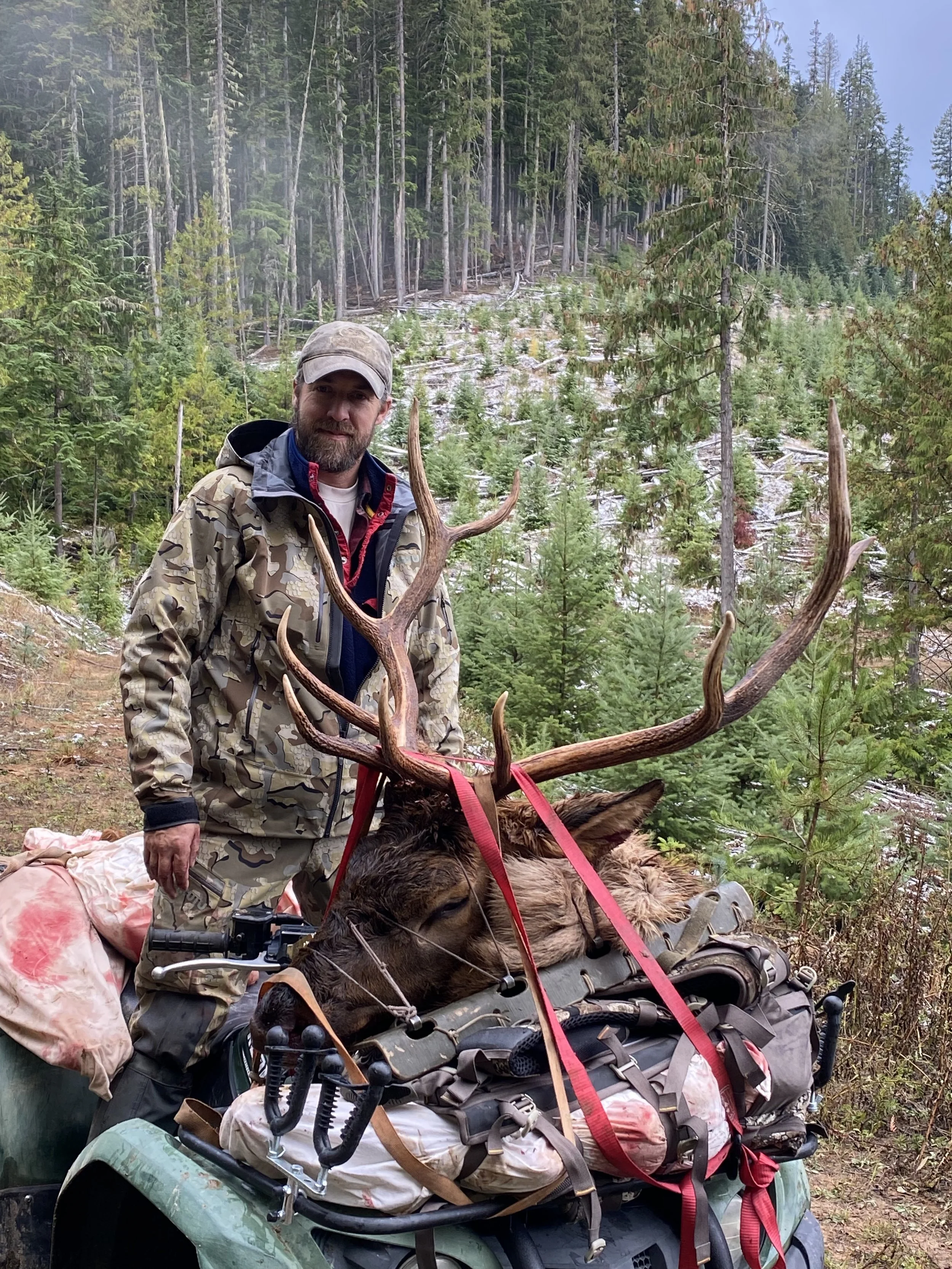 A man in camouflage clothing and a beige cap standing beside a deceased elk with large antlers on a quad bike in a forested area with tall trees and a mountain in the background.