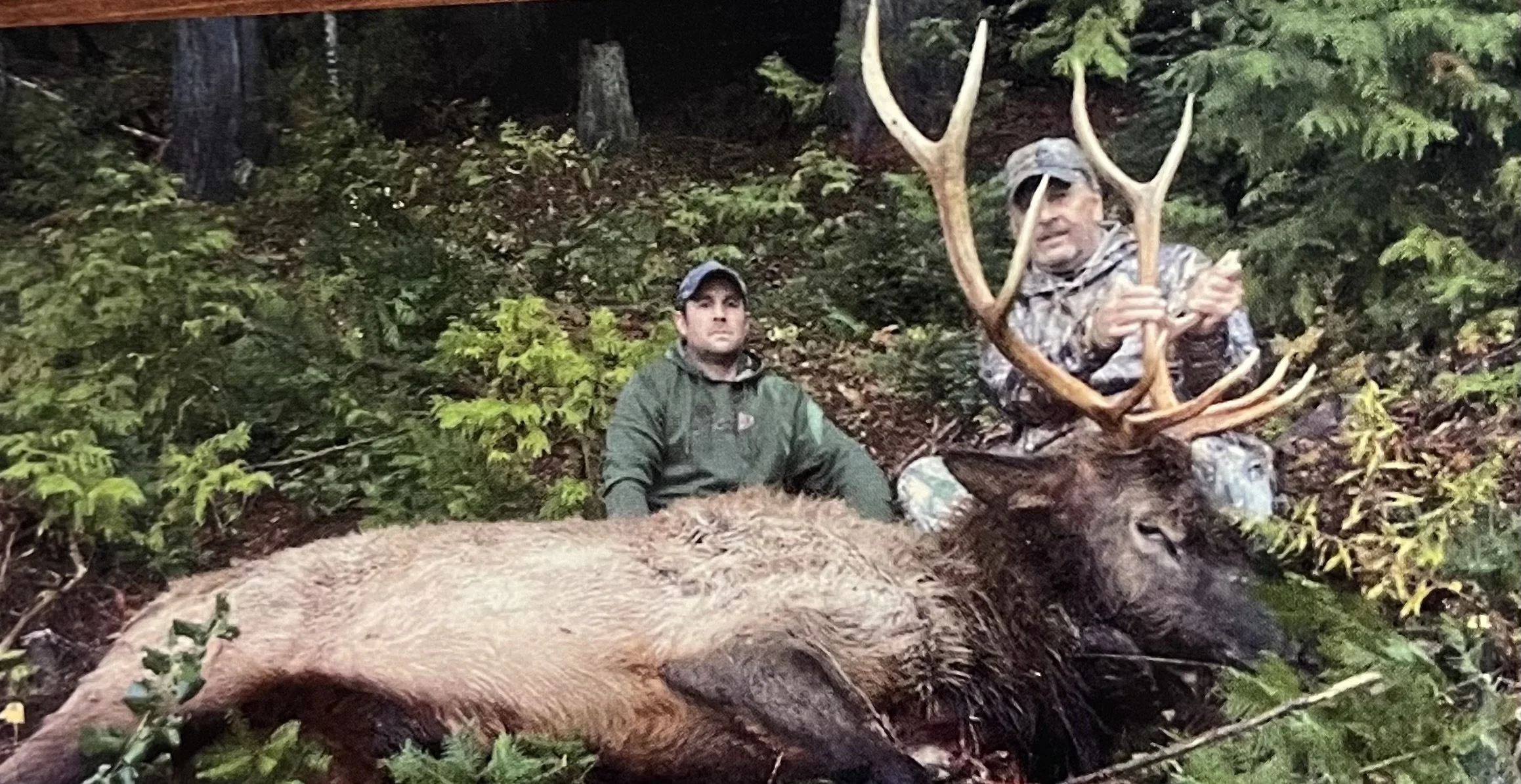 Two men in camouflage and outdoor gear posing in a forest beside a large, dead elk with impressive antlers