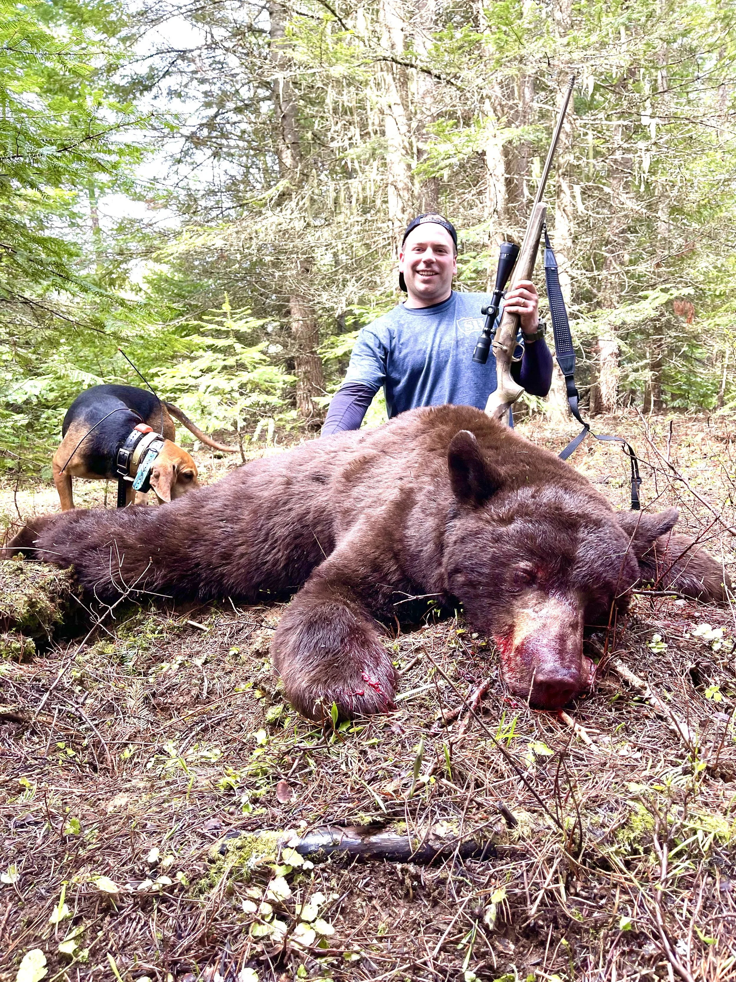 Man with a rifle smiling next to a recently killed bear lying on the ground in a forest, with a hunting dog nearby.