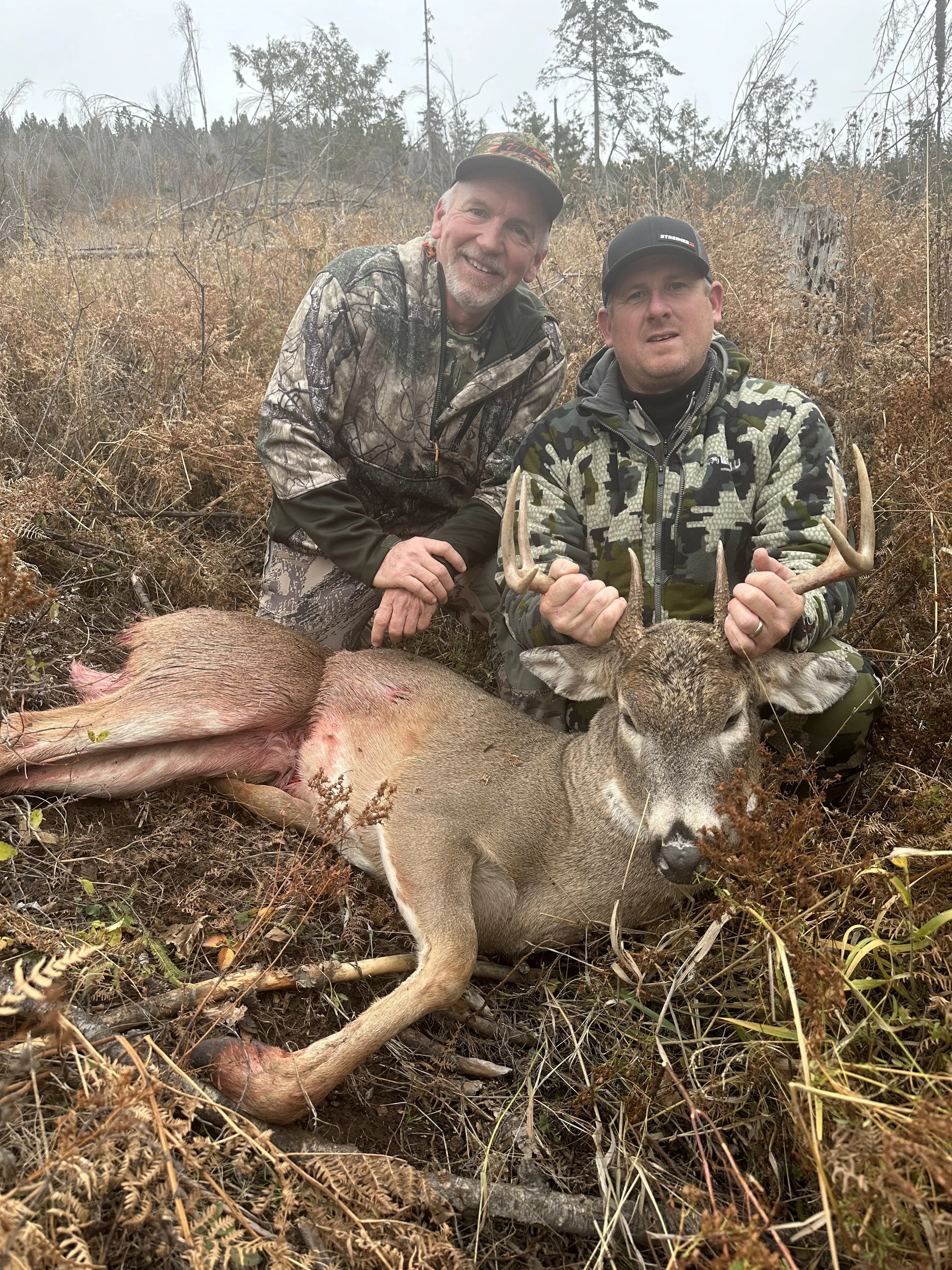 Two men in camouflage clothing kneel behind a hunting deer with antlers, lying on the ground in a forested area.