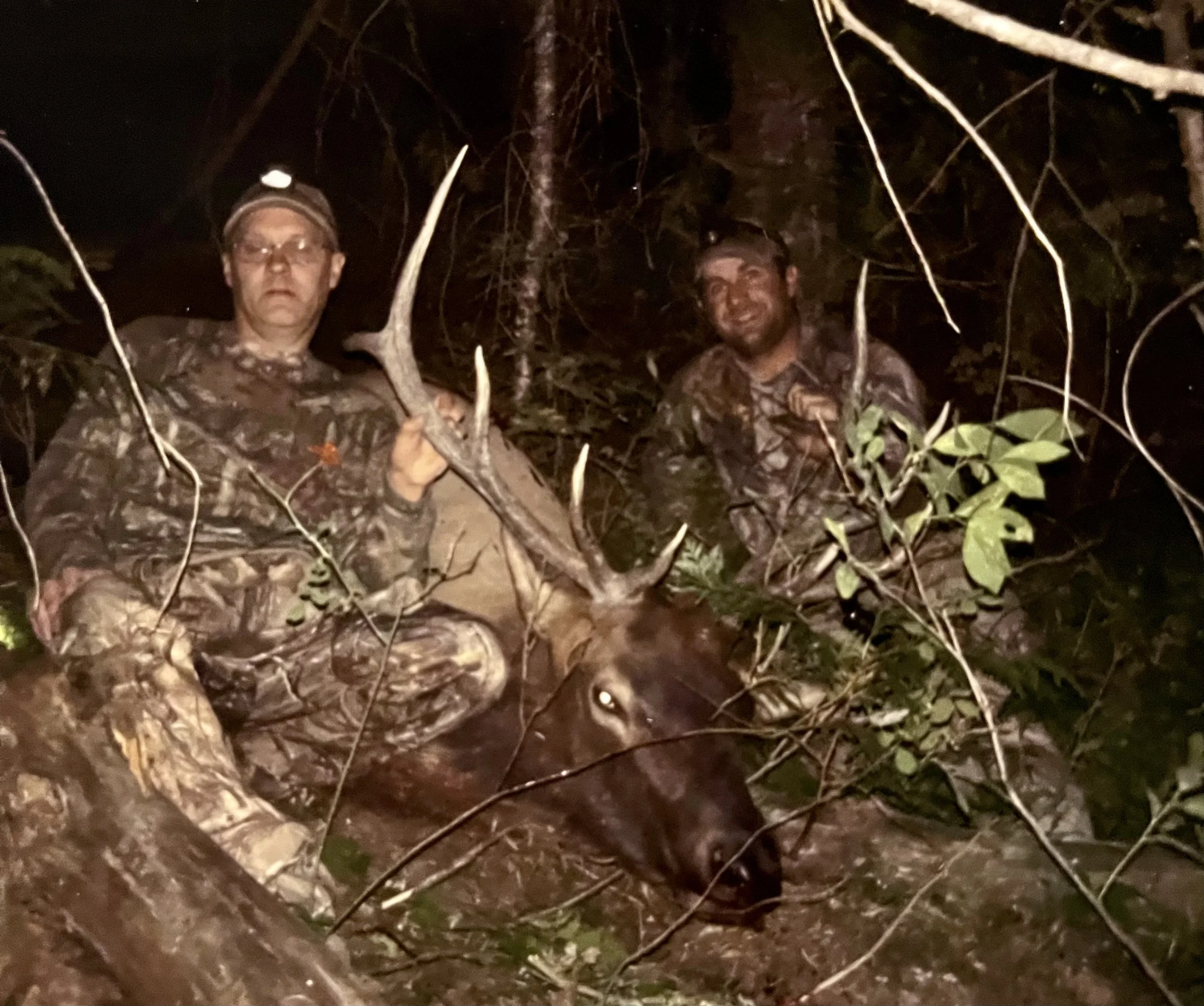 Two men in camouflage clothing sitting on a fallen tree with a large elk that they have hunted. Nighttime in a forest.
