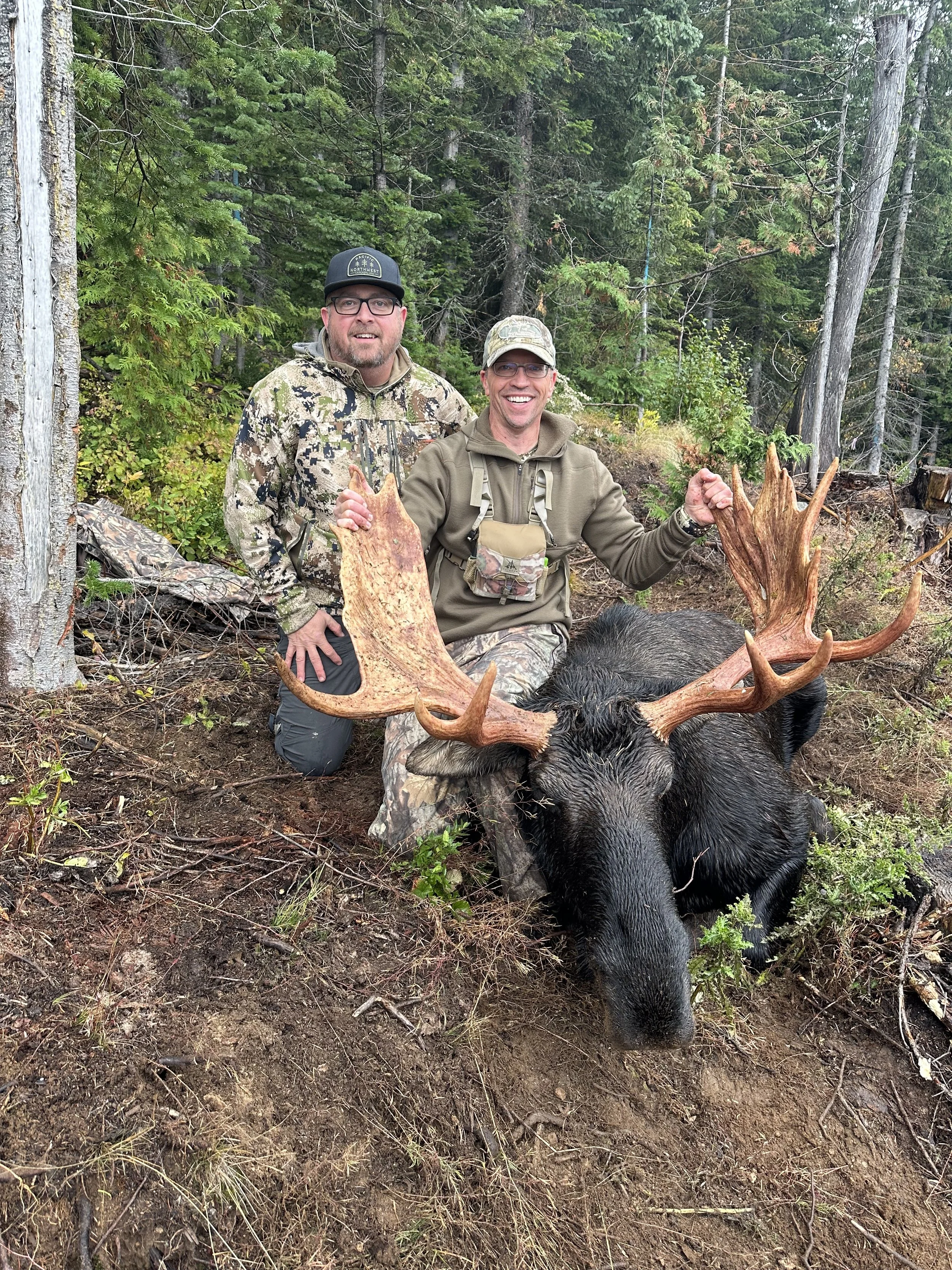 Two men in camouflage and outdoor clothing kneeling behind a large black moose with impressive antlers in a forested area, smiling at the camera.