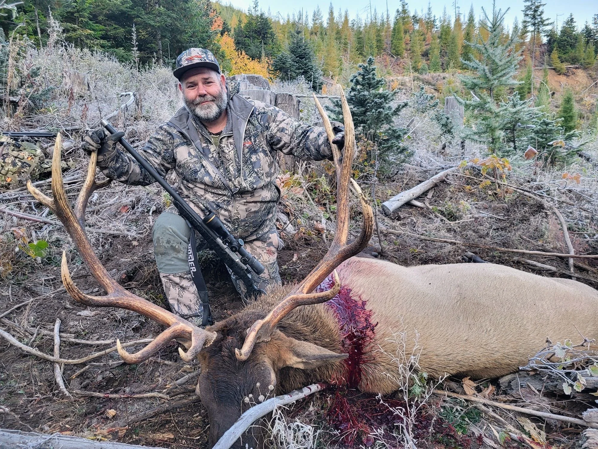 A man in camouflage hunting gear kneels next to a fallen elk with large antlers, blood visible on its neck, in a wooded forest setting.
