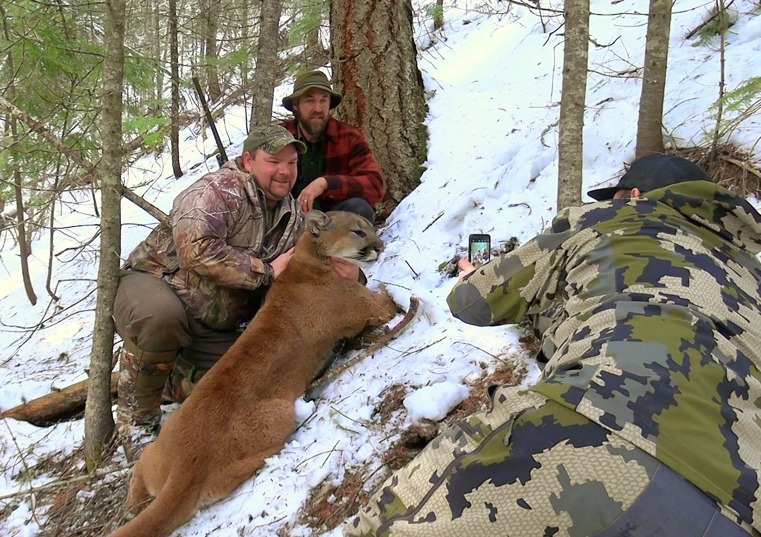 Three men in camouflage and outdoor clothing posing with a mountain lion they hunted, in a snowy forest, as another person takes a photo with a smartphone.