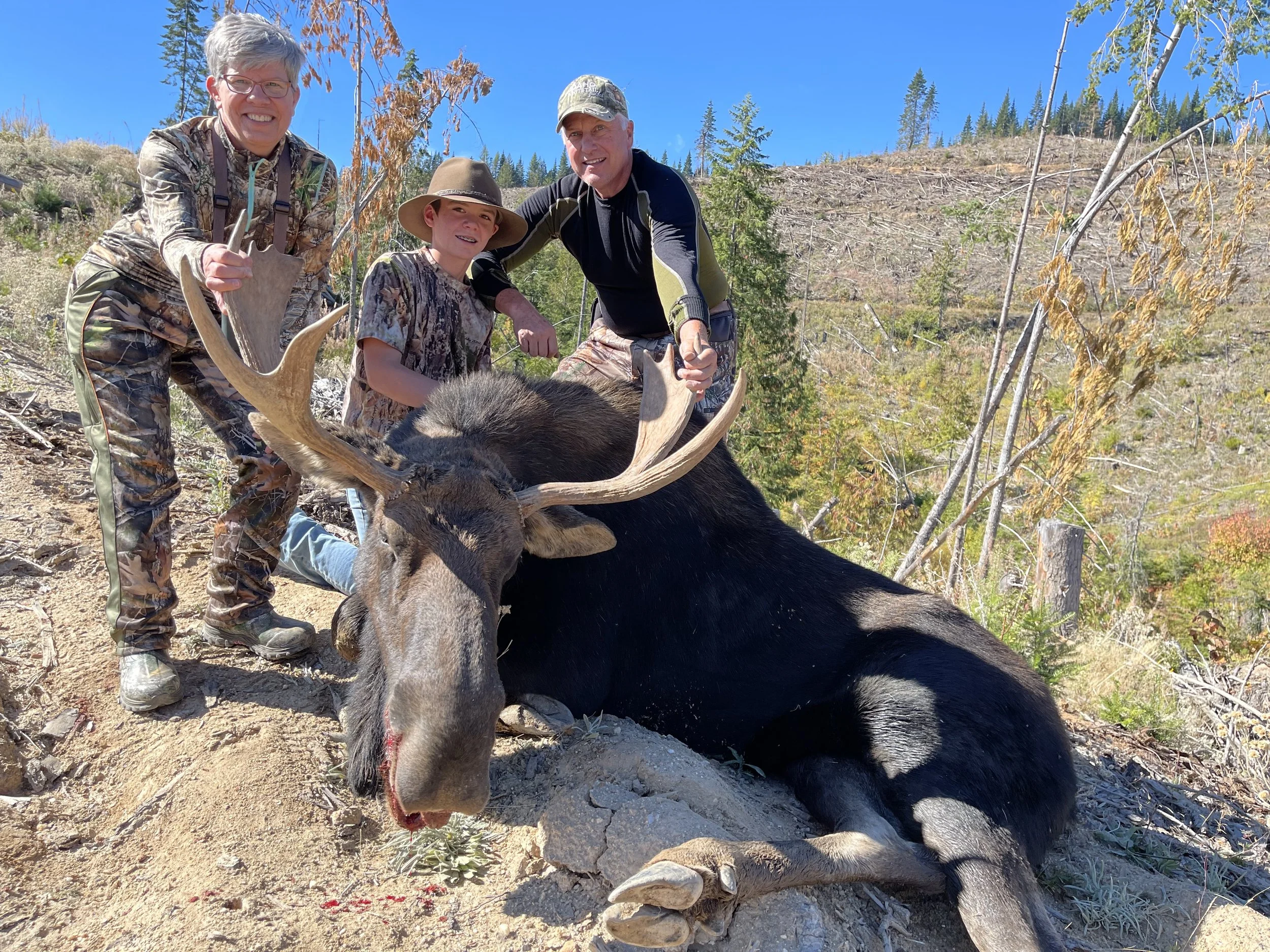 Three people, an older man, a woman, and a young boy, posing with a large, dead moose in a forested area on a clear, sunny day.