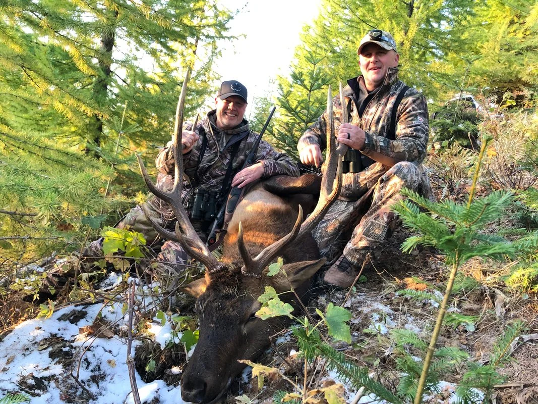 Two men in camouflage hunting gear sitting behind a large elk with impressive antlers in a forested area with snow on the ground.