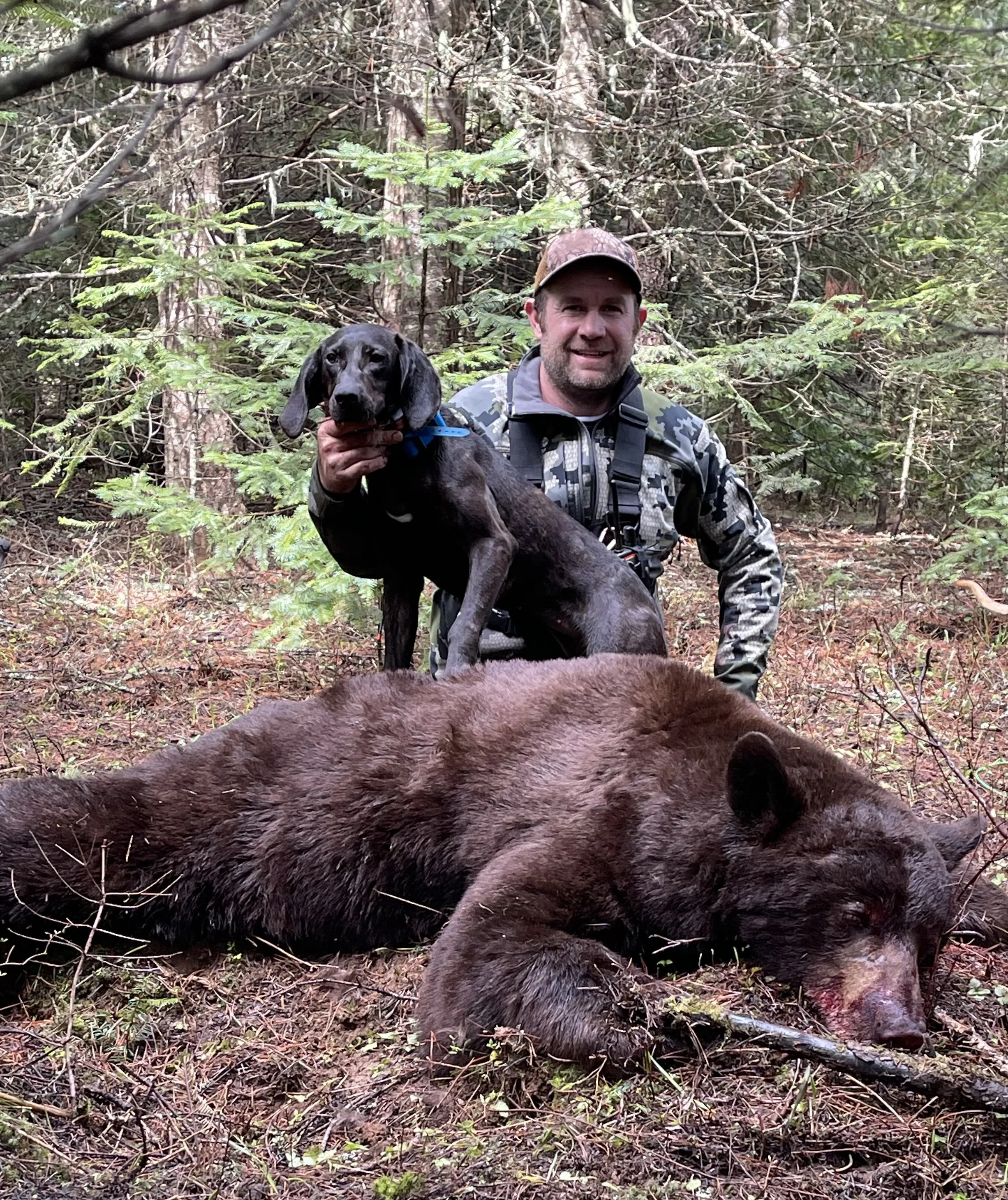 A man with a hunting dog and a dead bear lying on the forest floor.