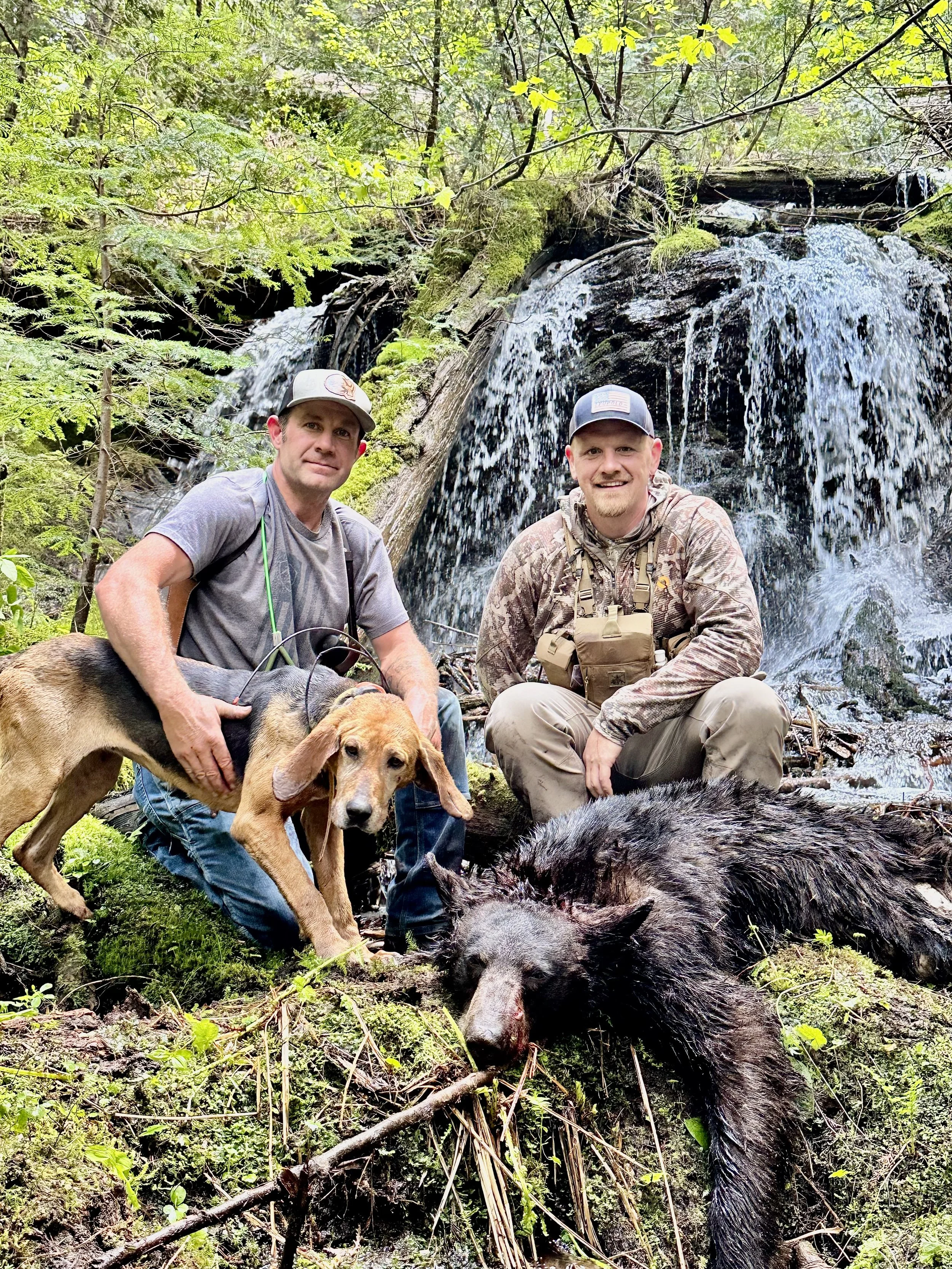 Two men in outdoor clothing kneel beside a caught black bear and a dog in front of a waterfall in a forested area, indicating a hunting scene.