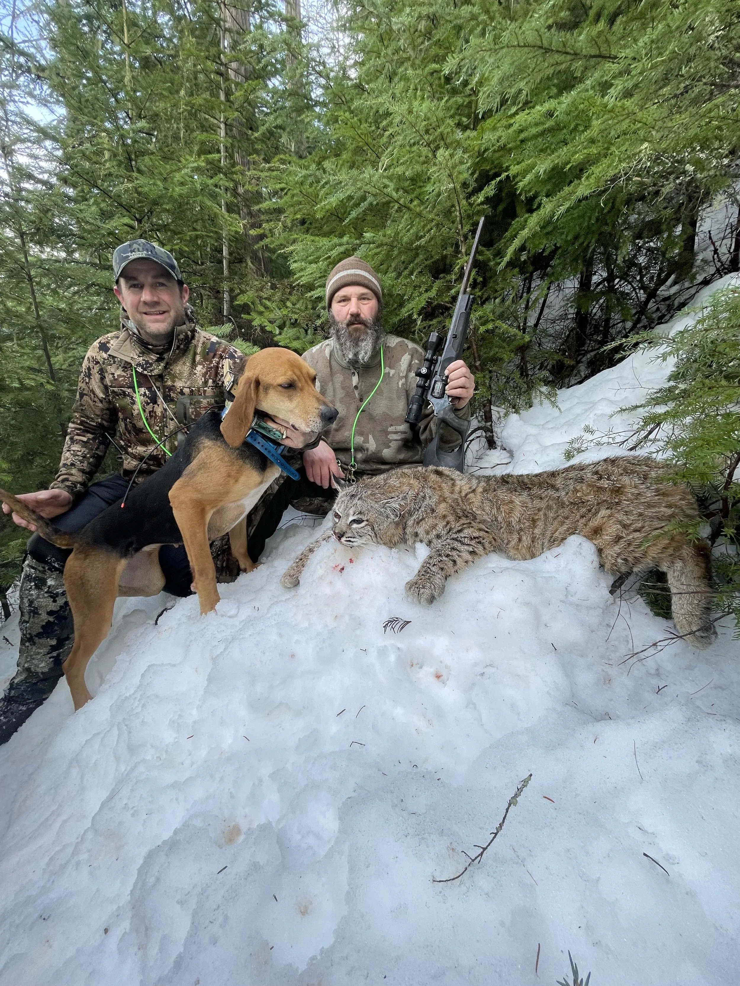 Two hunters, one with a rifle, are posing with a dead bobcat and a hunting dog in a snowy forest.