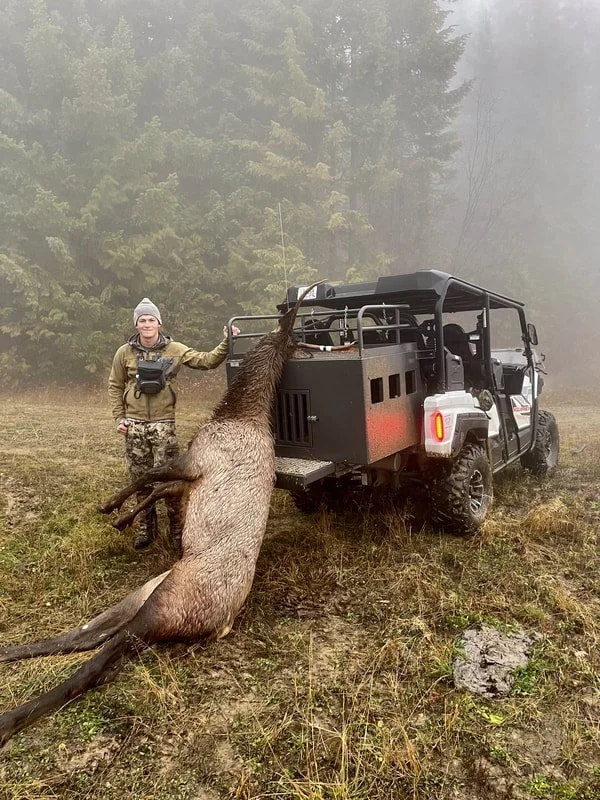 A person standing next to a wild boar that is hanging from the back of a vehicle, in a foggy, forested area.