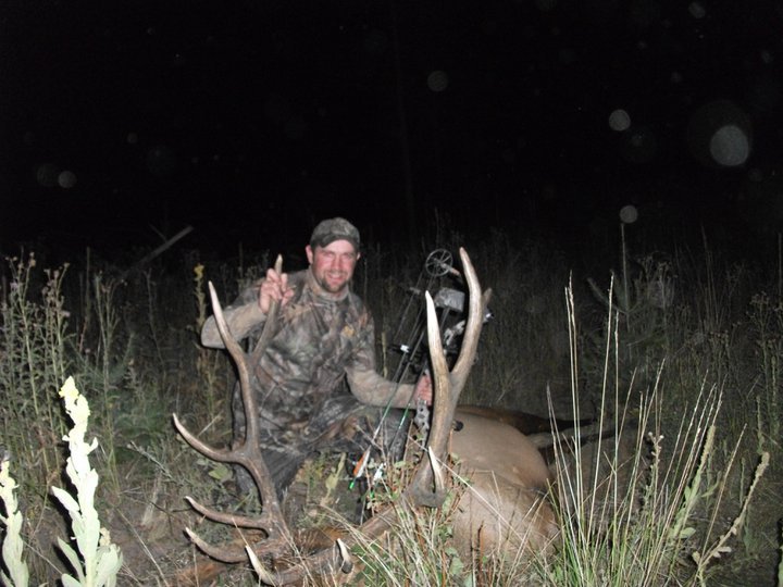 Man in camouflage clothing kneeling next to a large, elk with prominent antlers in a grassy field at night.