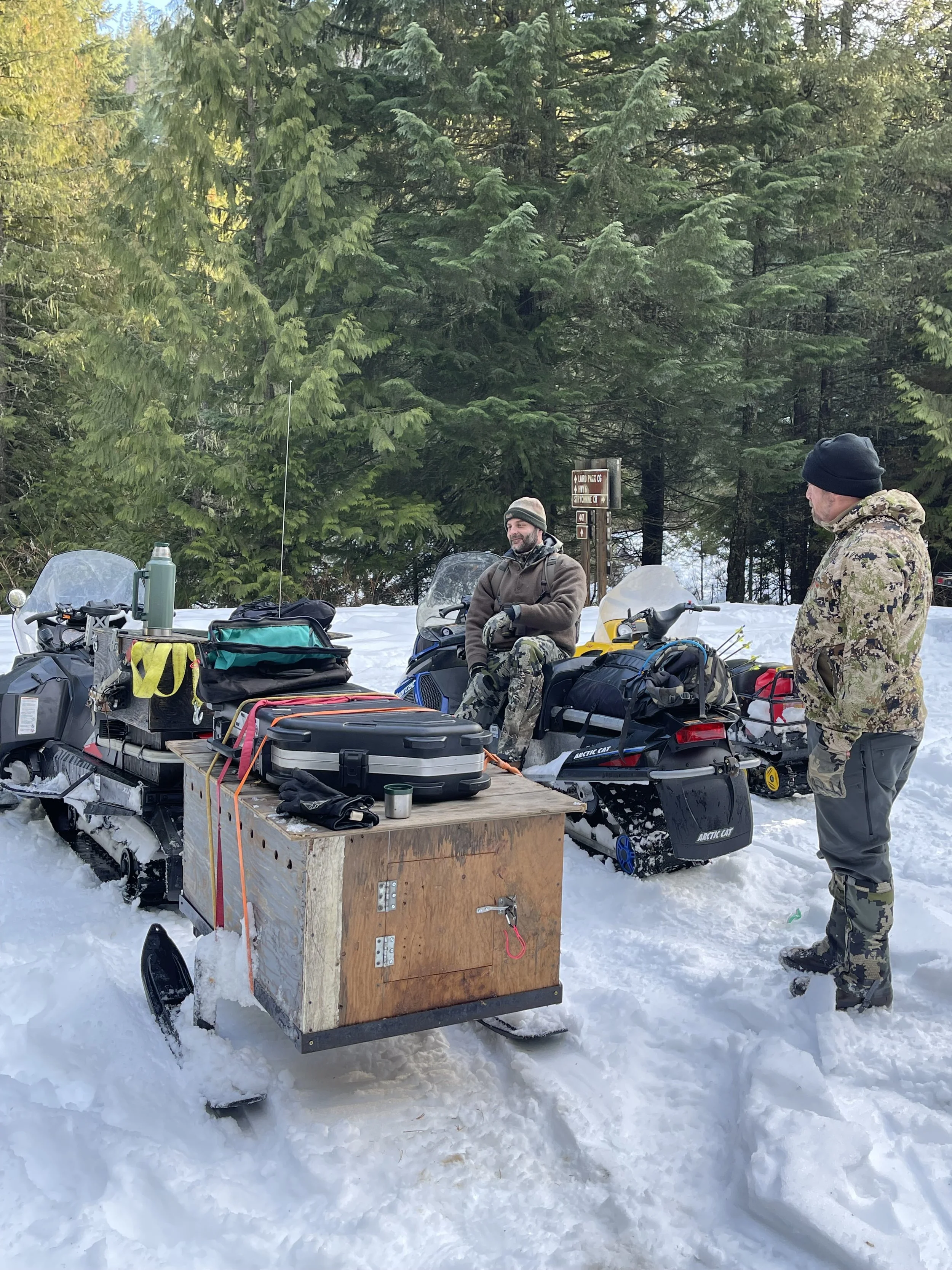 Two men in winter clothing stand near snowmobiles in a snowy forest, with one sitting on a snowmobile and the other standing, talking. There is a wooden box on skis with gear on top among the snowmobiles.