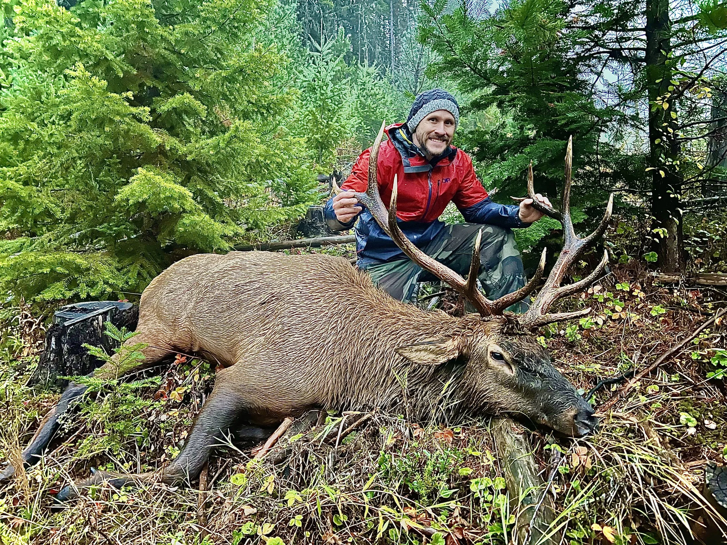 A man in outdoor gear kneeling beside a large moose with prominent antlers in a forested area, holding the antlers and smiling at the camera.