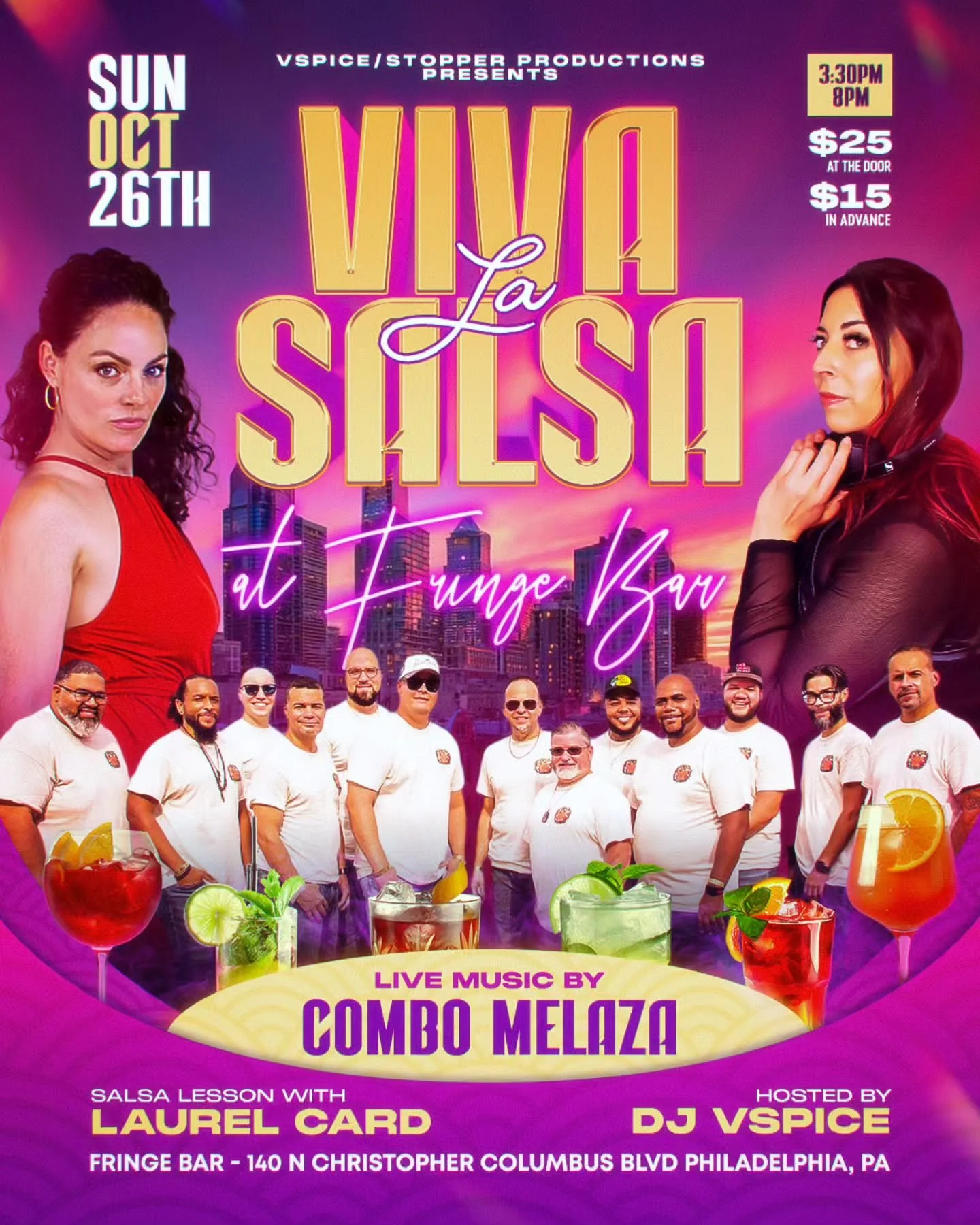 SPICE/STOPPER PRODUCTIONS PRESENTS

VIVA LA SALSA at FRINGE BAR - WE'RE BACK!!

VIVA LA SALSA is a monthly live music and dance social at Fringe Bar! Join us for our RETURN to Fringe Bar on Sunday, October 26th!

SCHEDULE:
-3:30PM- Lesson with Laurel