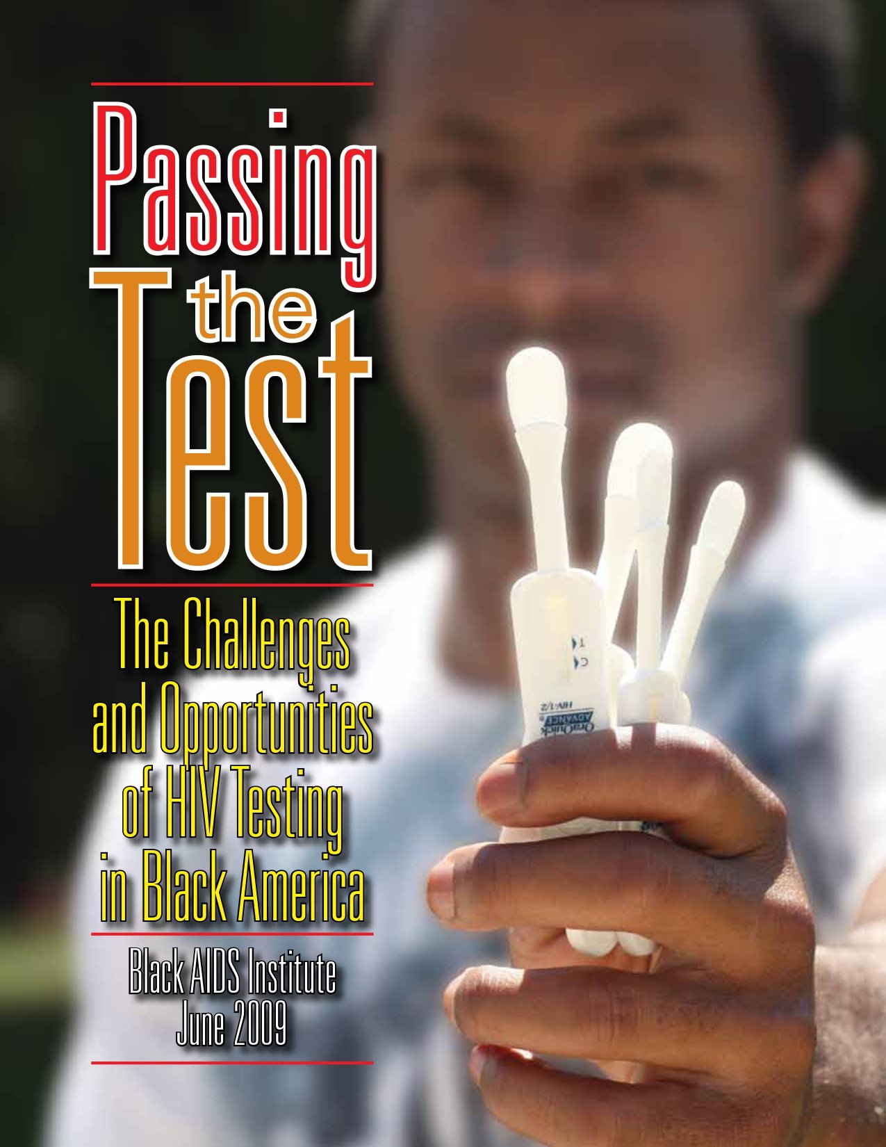 Black man holding testing kit and swabs with title in the foreground